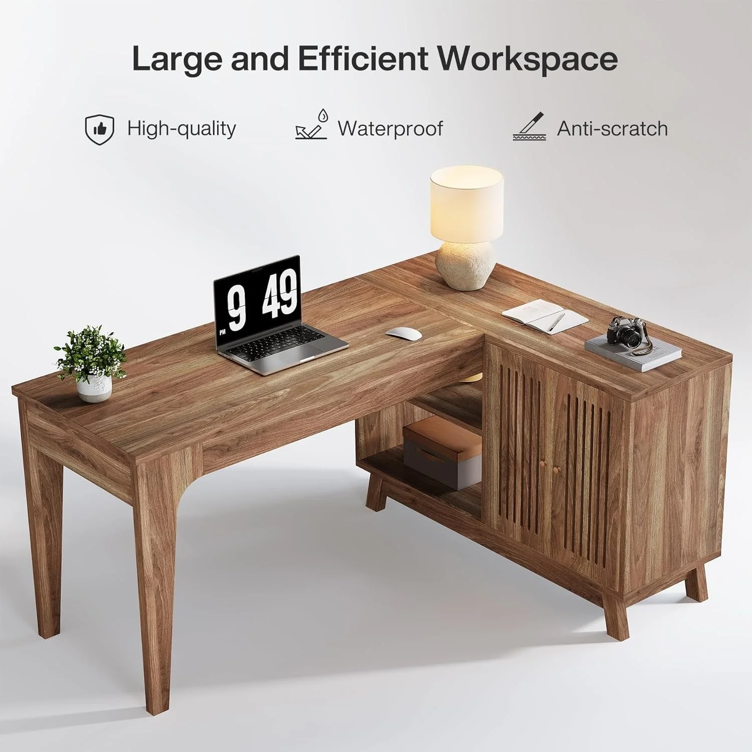57-Inch L-Shaped Corner Desk with Storage Cabinet, Wood Home Office Workstation and Study Writing Table - Image 8
