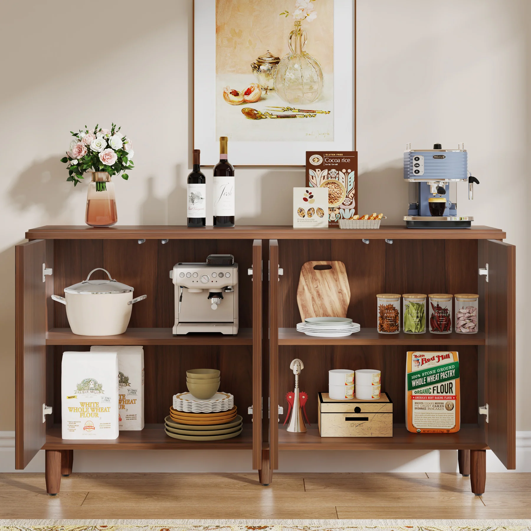 Tribesigns 59.4-Inch Modern Buffet Cabinet with Doors and 4-Tier Inner Shelves, Sideboard Storage Cabinet for Living Room Kitchen and Dining Room - Image 5