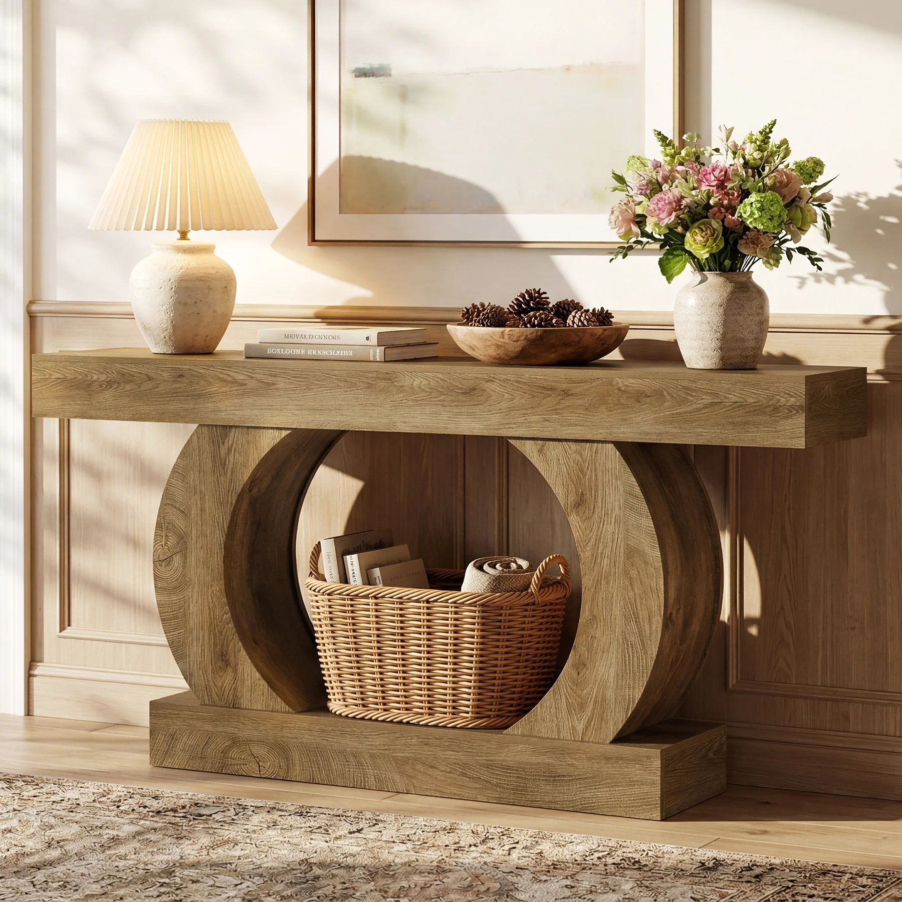 Tribesigns 59-Inch Farmhouse Console Table with Circular Open Base, 2-Tier Slim Entryway Table for Living Room and Hallway