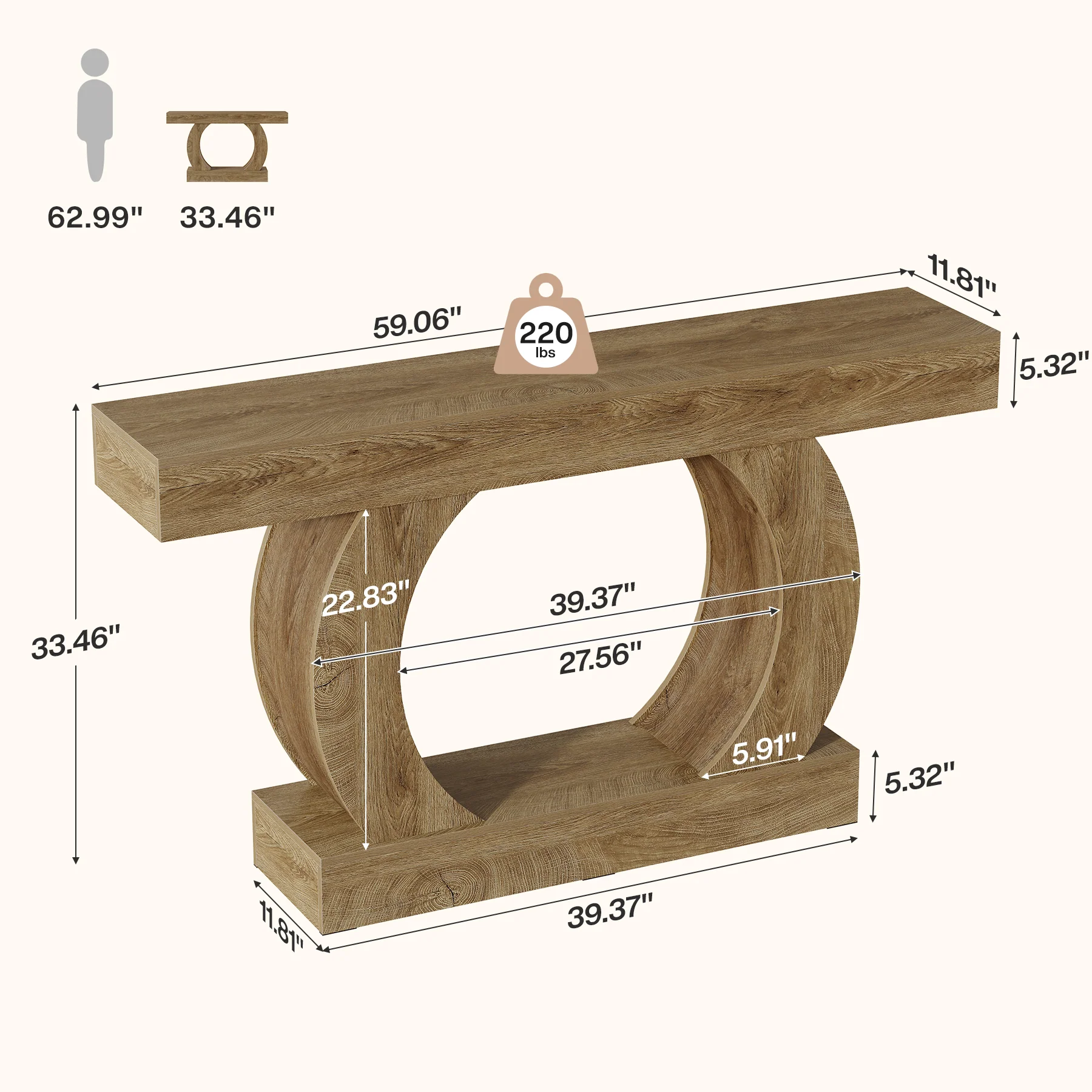 Tribesigns 59-Inch Farmhouse Console Table with Circular Open Base, 2-Tier Slim Entryway Table for Living Room and Hallway - Image 2