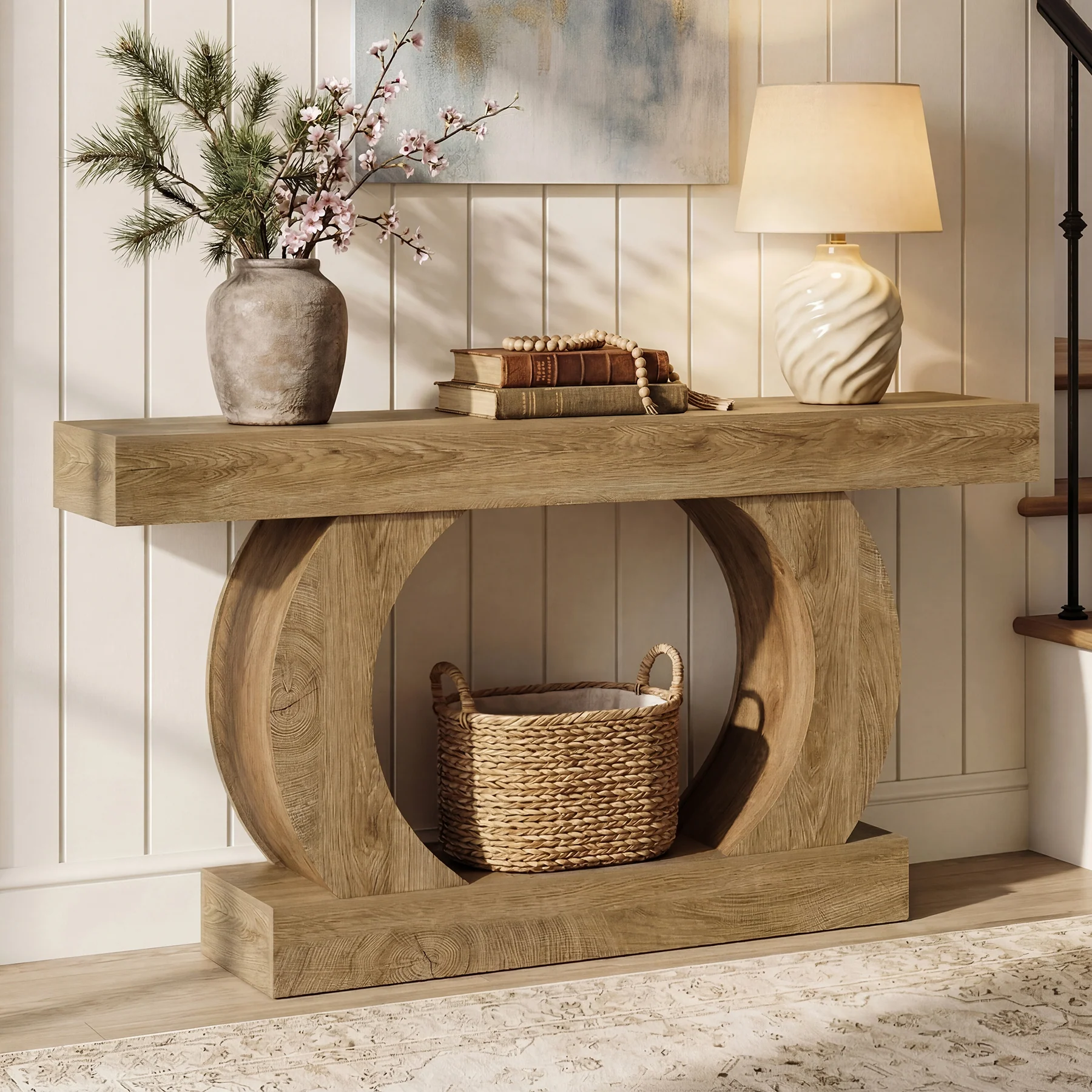 Tribesigns 59-Inch Farmhouse Console Table with Circular Open Base, 2-Tier Slim Entryway Table for Living Room and Hallway - Image 6