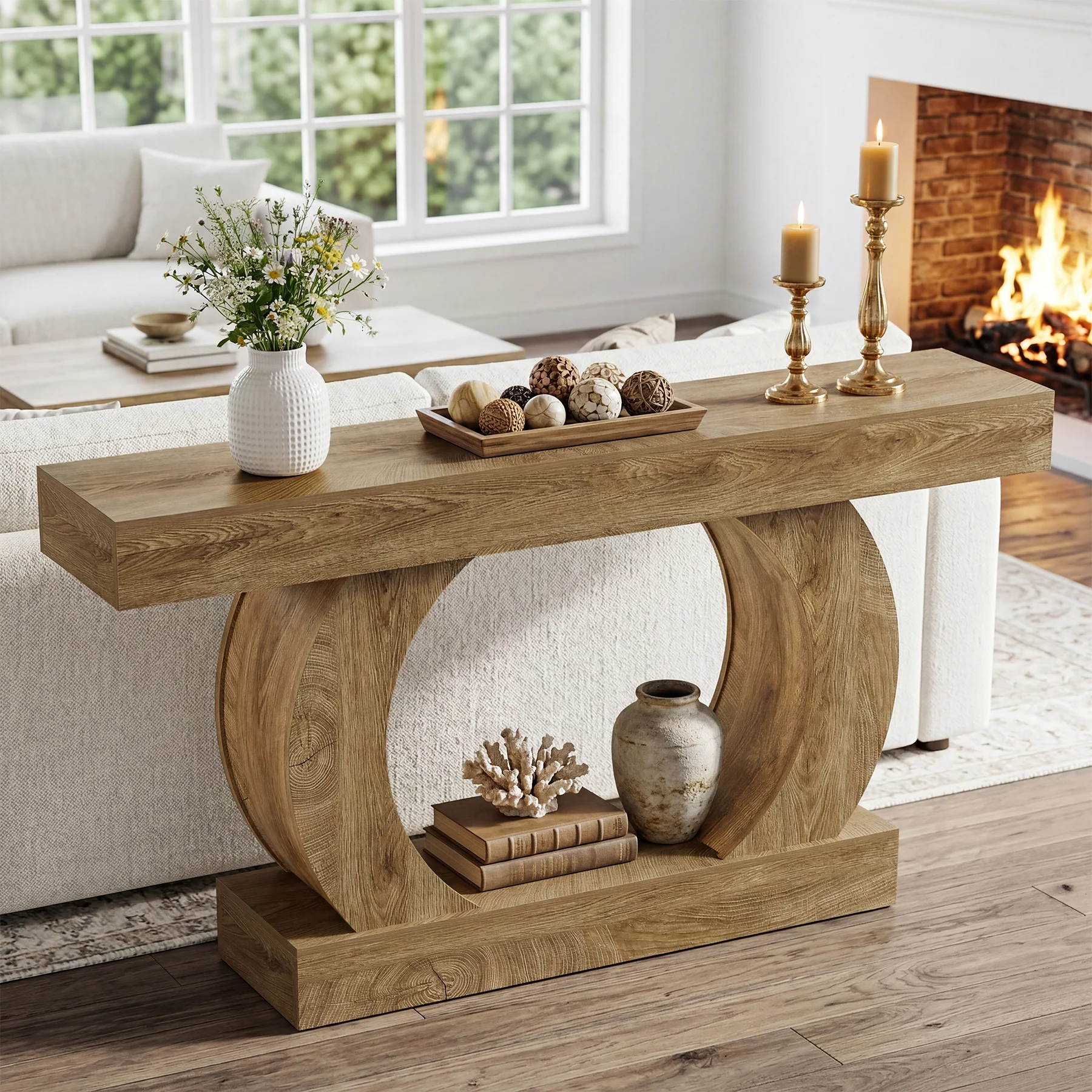 Tribesigns 59-Inch Farmhouse Console Table with Circular Open Base, 2-Tier Slim Entryway Table for Living Room and Hallway - Image 8