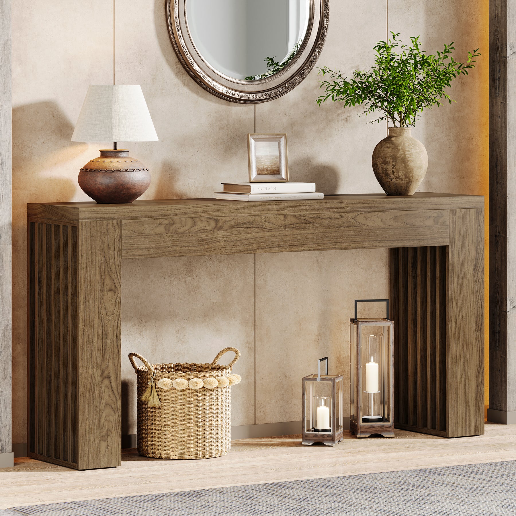 Tribesigns 59-Inch Console Table with Vertical Slat Legs and Wood Grain Finish, Farmhouse Sofa Table for Entryway Hallway and Living Room