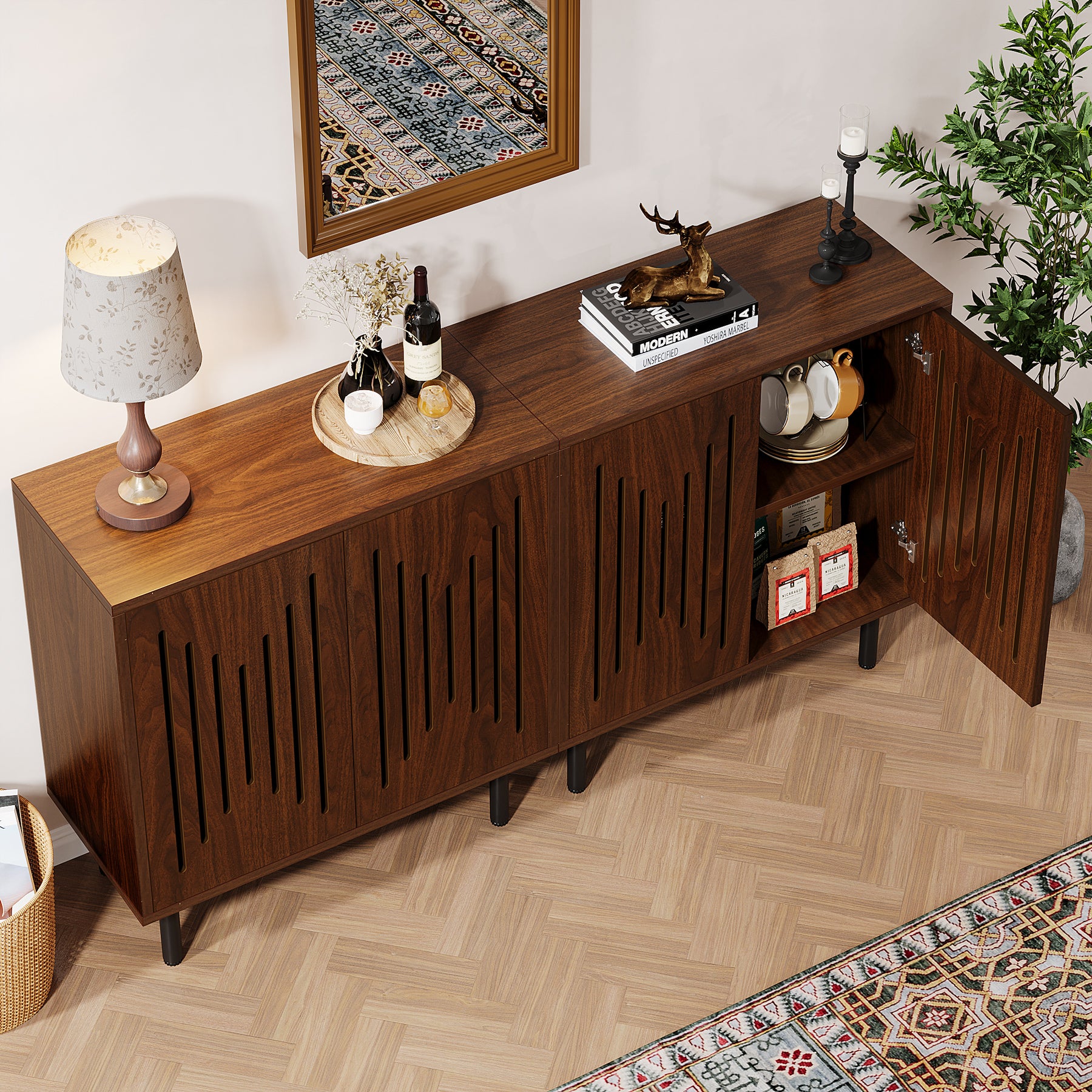 Tribesigns 59-Inch Vintage Sideboard Buffet Set of 2 with Adjustable Shelves, Farmhouse Storage Cabinet for Kitchen Living Room and Hallway - Image 10