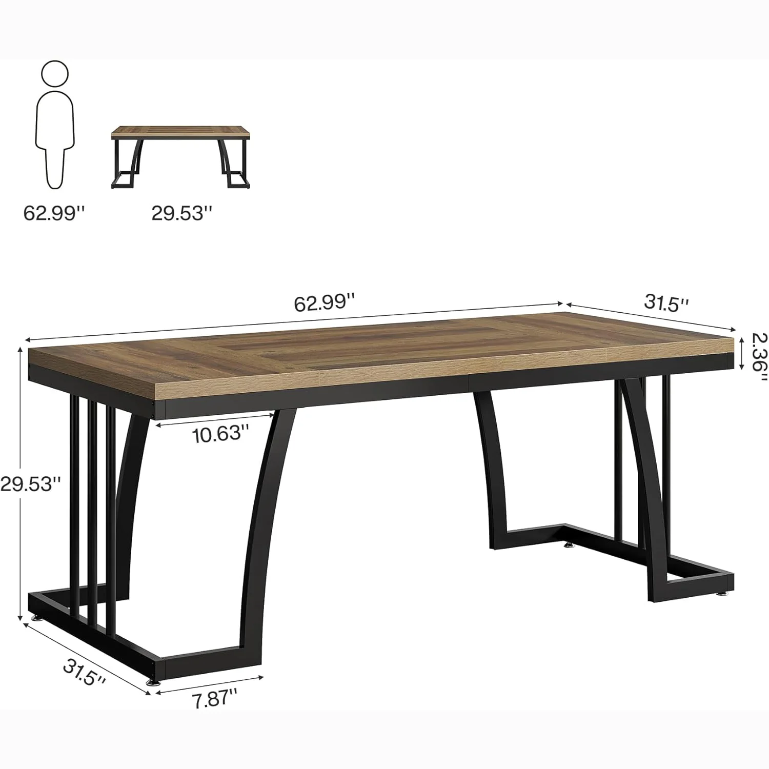 6-Seater Rustic Dining Table, 63" Rectangular Wood Table with Metal Frame for Dining Room - Image 2