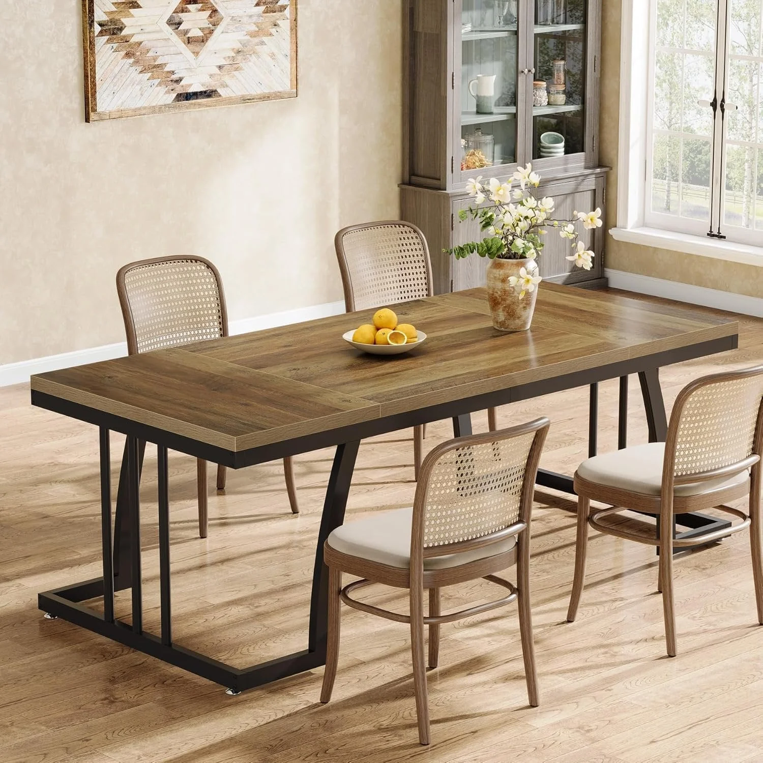 6-Seater Rustic Dining Table, 63" Rectangular Wood Table with Metal Frame for Dining Room - Image 3