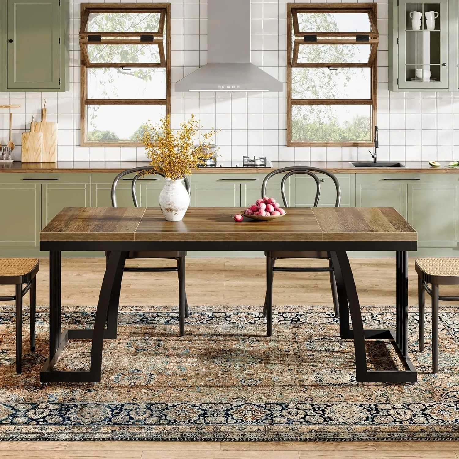6-Seater Rustic Dining Table, 63" Rectangular Wood Table with Metal Frame for Dining Room - Image 4