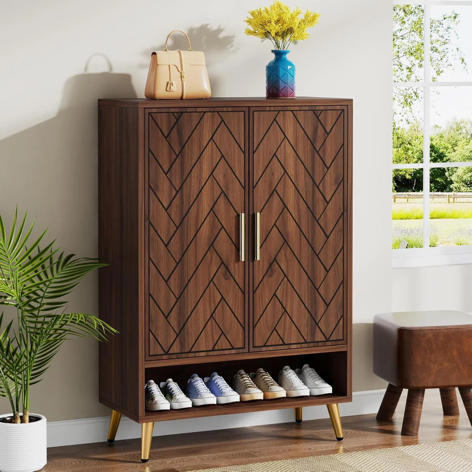6-Tier Adjustable Shoe Cabinet - Wooden Shoe Organizer with Storage Shelves