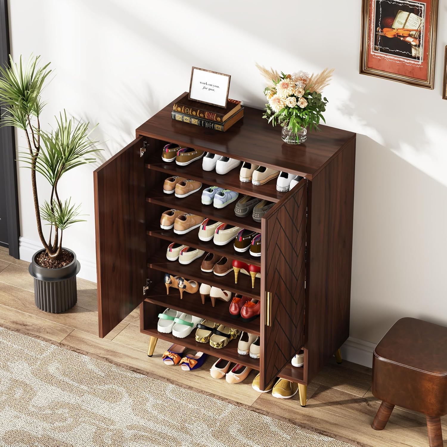 6-Tier Adjustable Shoe Cabinet - Wooden Shoe Organizer with Storage Shelves - Image 7