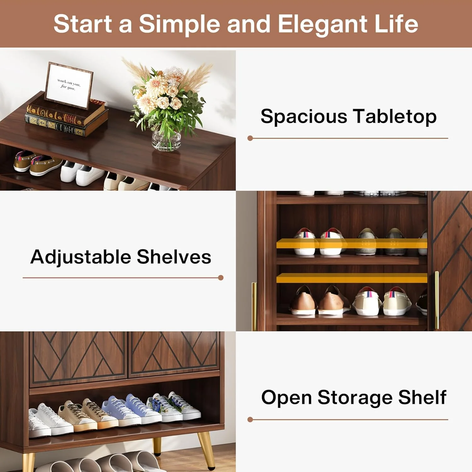 6-Tier Adjustable Shoe Cabinet - Wooden Shoe Organizer with Storage Shelves - Image 9