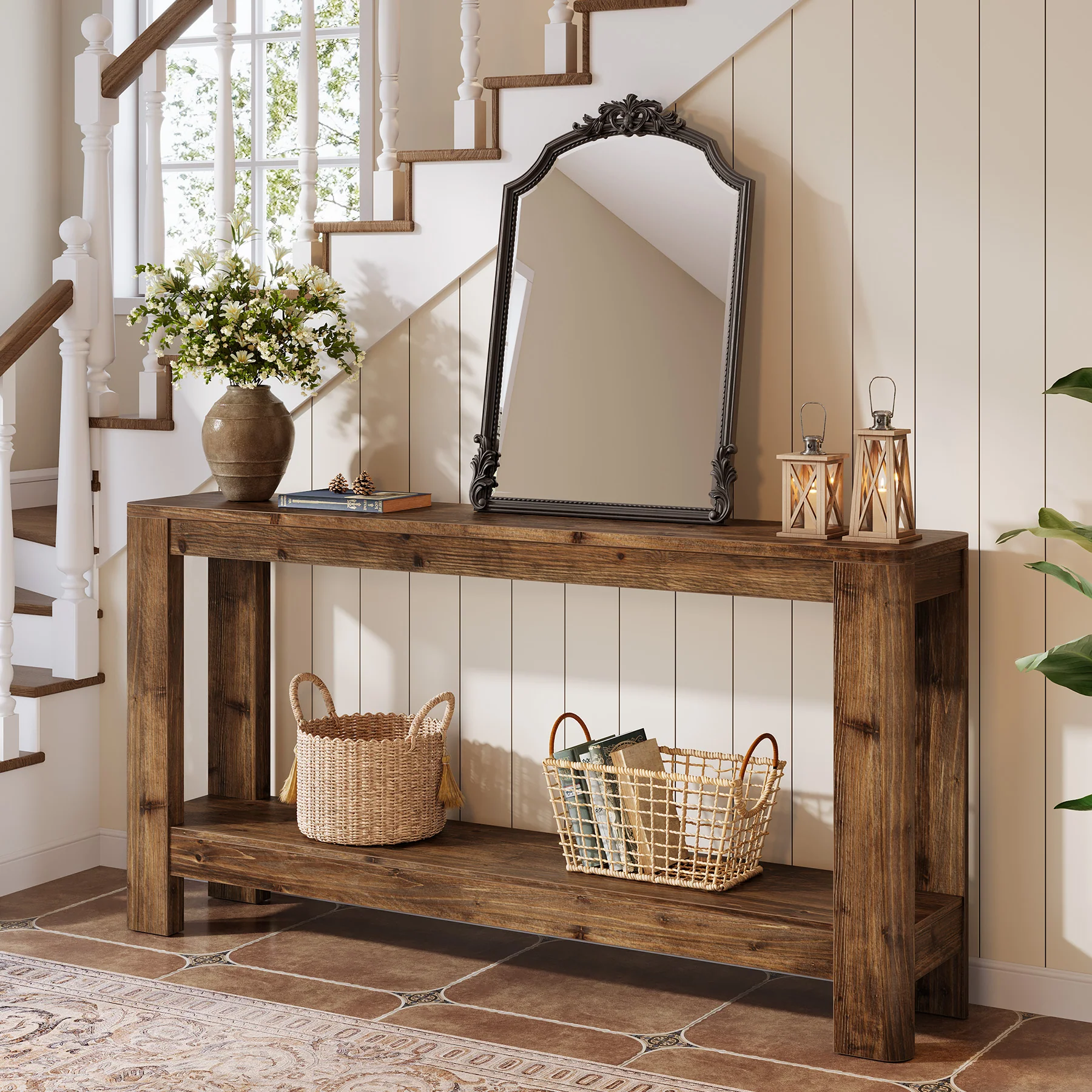 63" Console Table, Solid Wood Farmhouse Sofa Table with 2-Tier Storage - Image 10