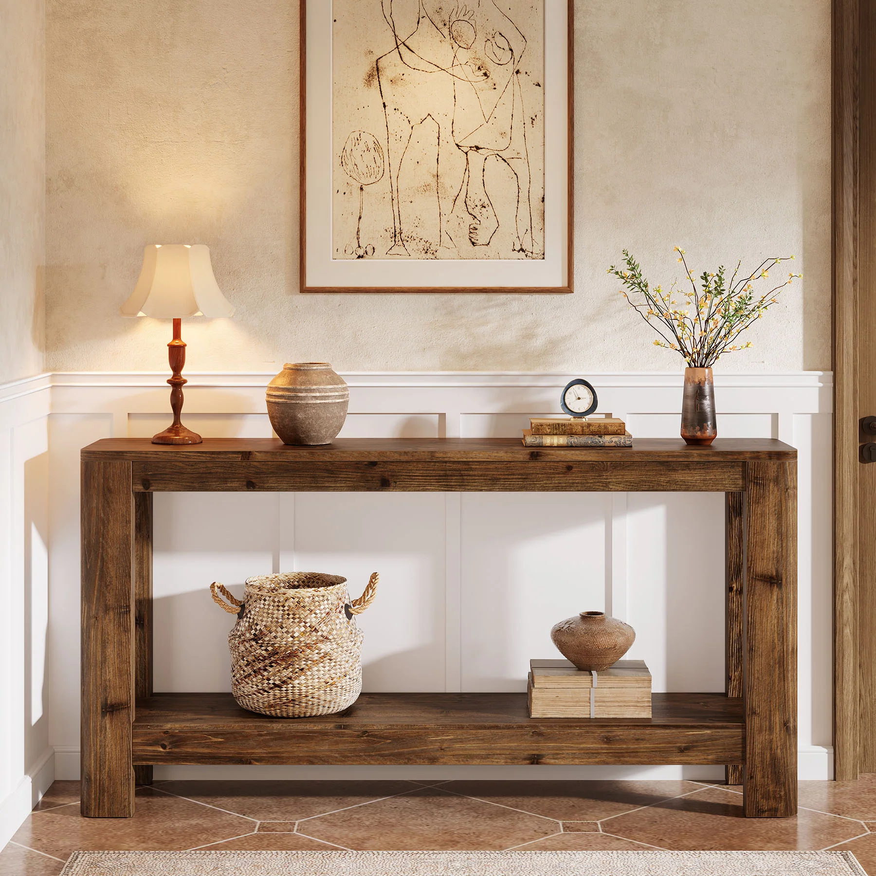 63" Console Table, Solid Wood Farmhouse Sofa Table with 2-Tier Storage - Image 11