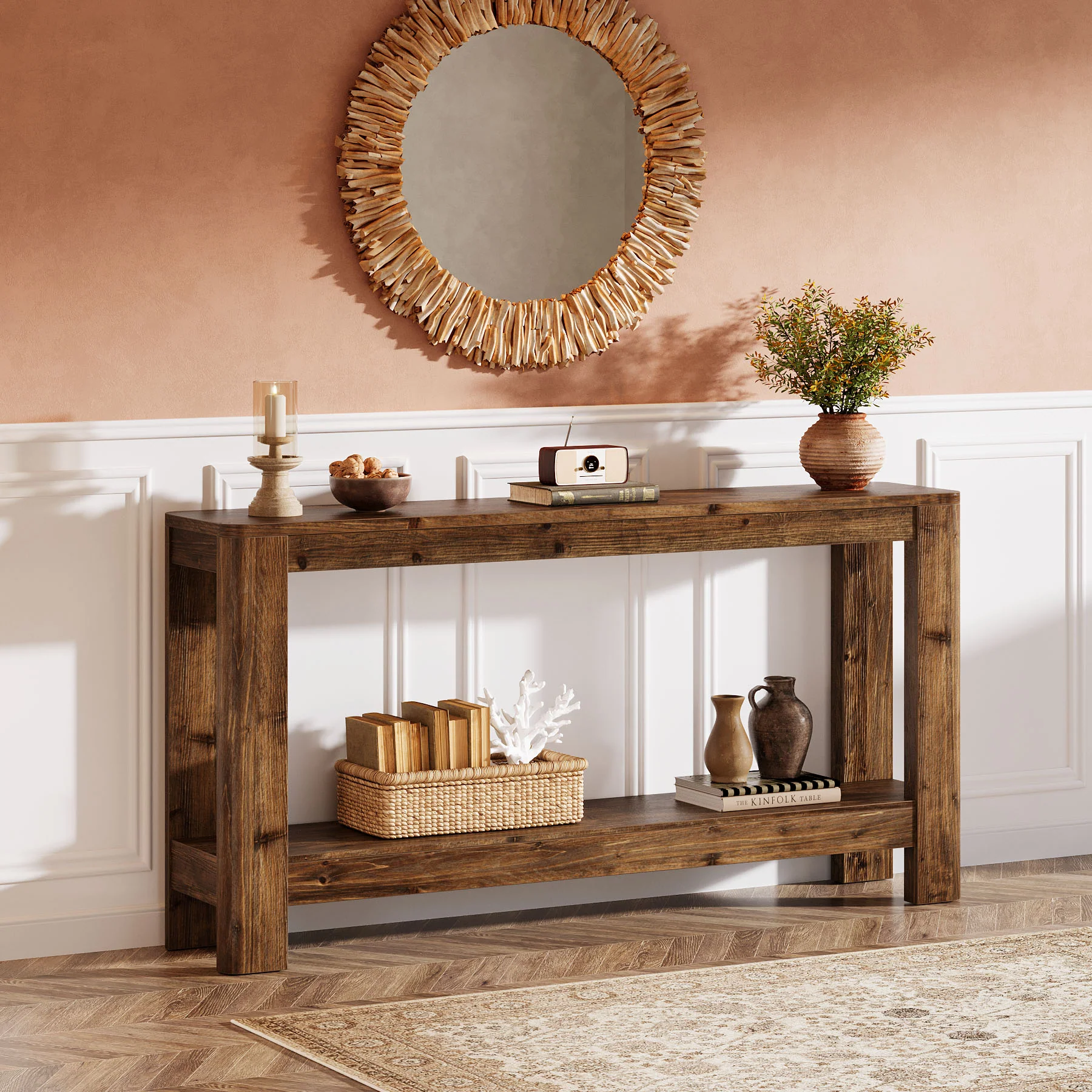 63" Console Table, Solid Wood Farmhouse Sofa Table with 2-Tier Storage - Image 12