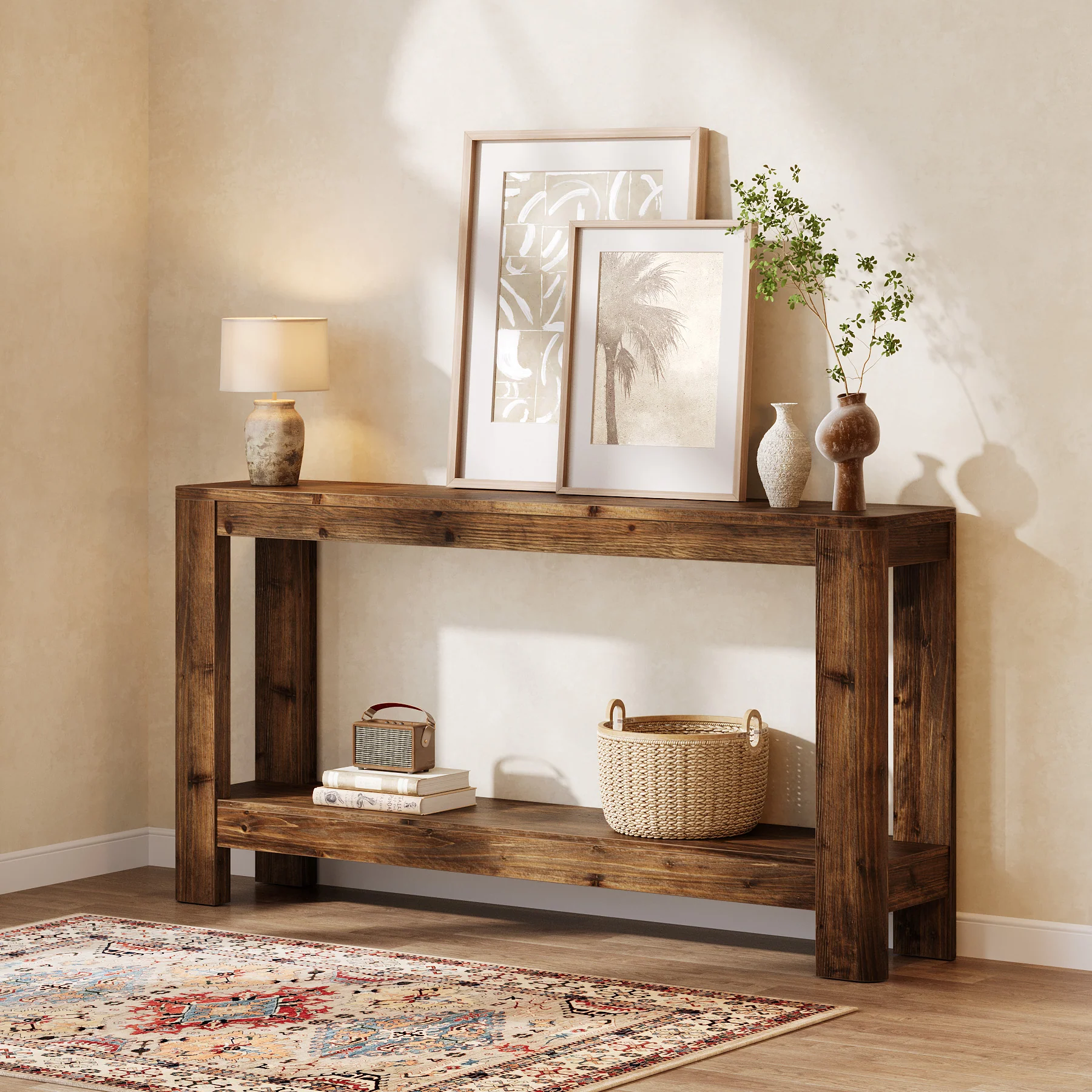 63" Console Table, Solid Wood Farmhouse Sofa Table with 2-Tier Storage - Image 13