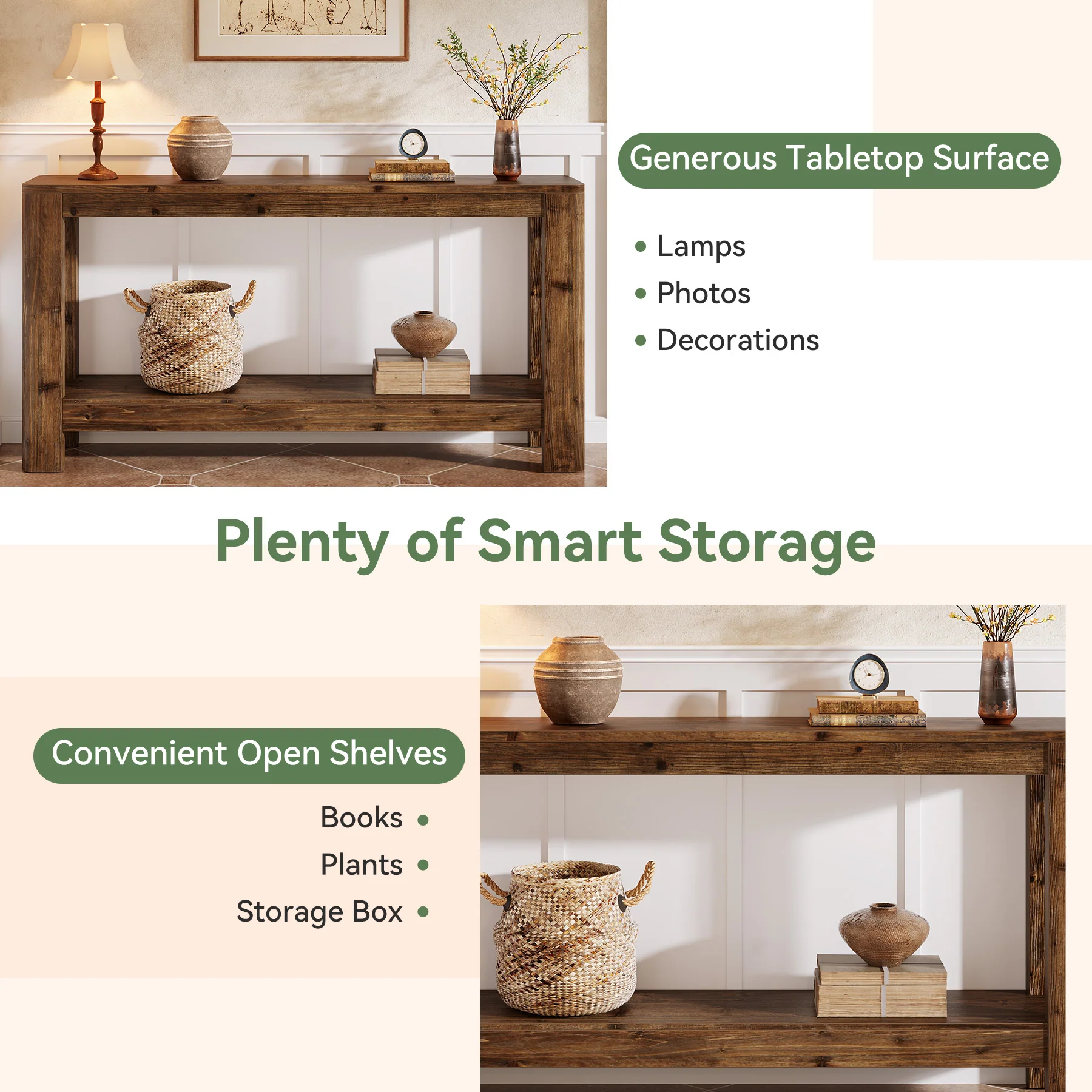 63" Console Table, Solid Wood Farmhouse Sofa Table with 2-Tier Storage - Image 14