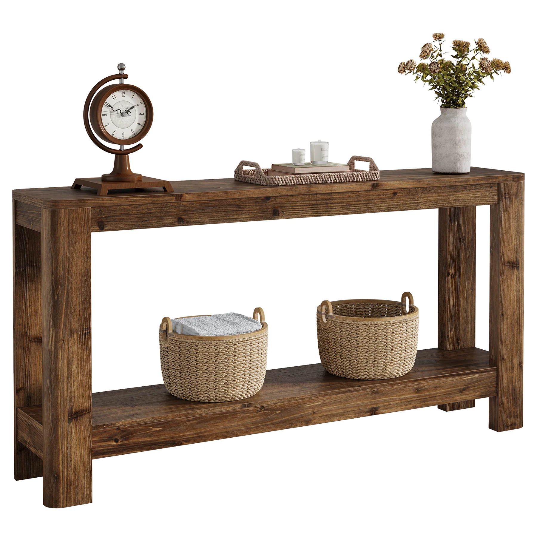 63" Console Table, Solid Wood Farmhouse Sofa Table with 2-Tier Storage - Image 15