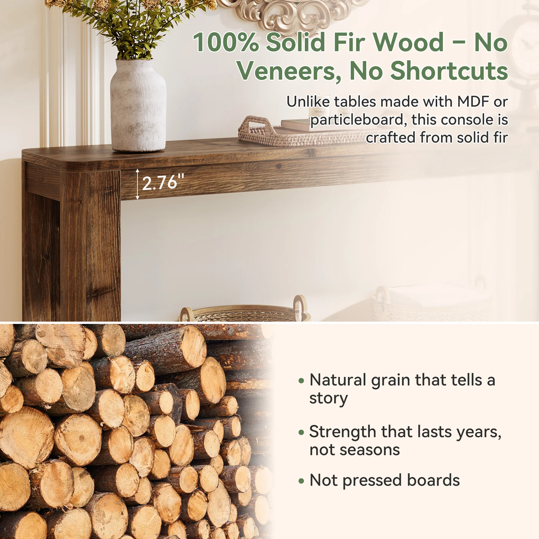 63" Console Table, Solid Wood Farmhouse Sofa Table with 2-Tier Storage - Image 3