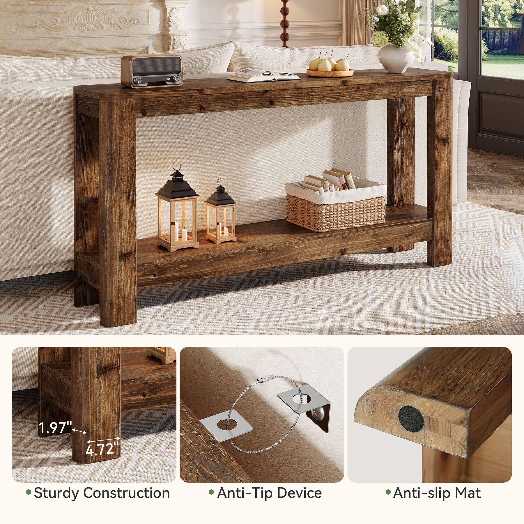 63" Console Table, Solid Wood Farmhouse Sofa Table with 2-Tier Storage - Image 4