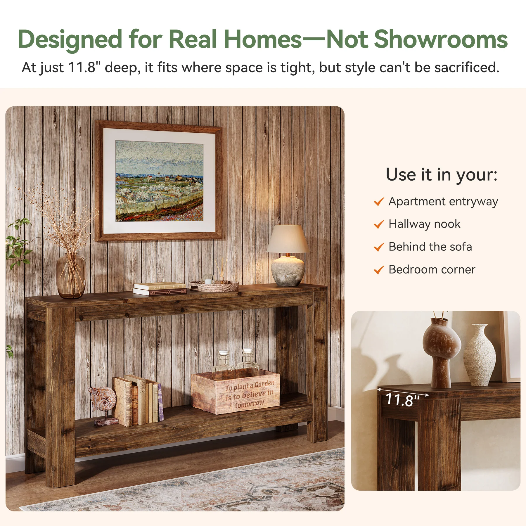 63" Console Table, Solid Wood Farmhouse Sofa Table with 2-Tier Storage - Image 5