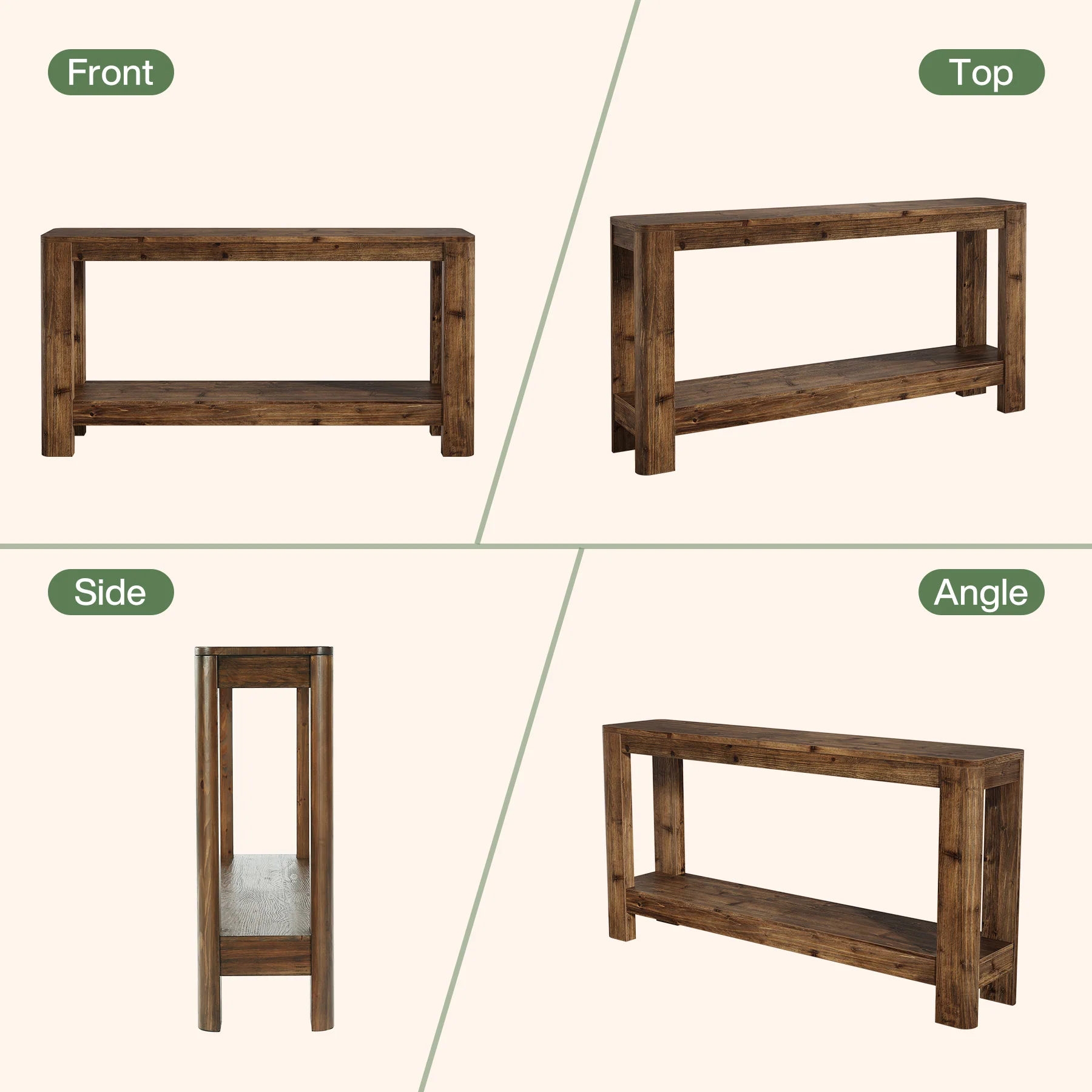 63" Console Table, Solid Wood Farmhouse Sofa Table with 2-Tier Storage - Image 6