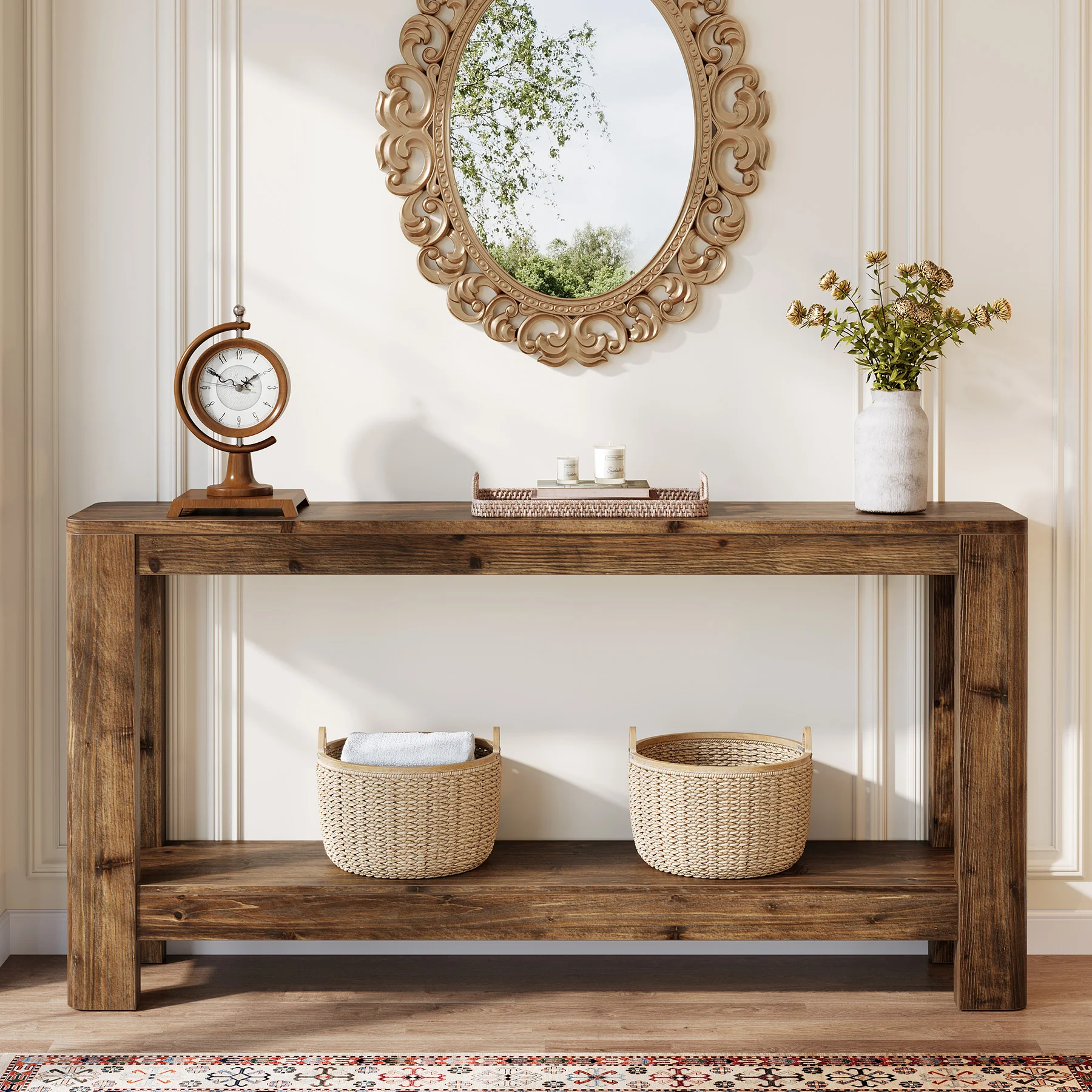 63" Console Table, Solid Wood Farmhouse Sofa Table with 2-Tier Storage - Image 7