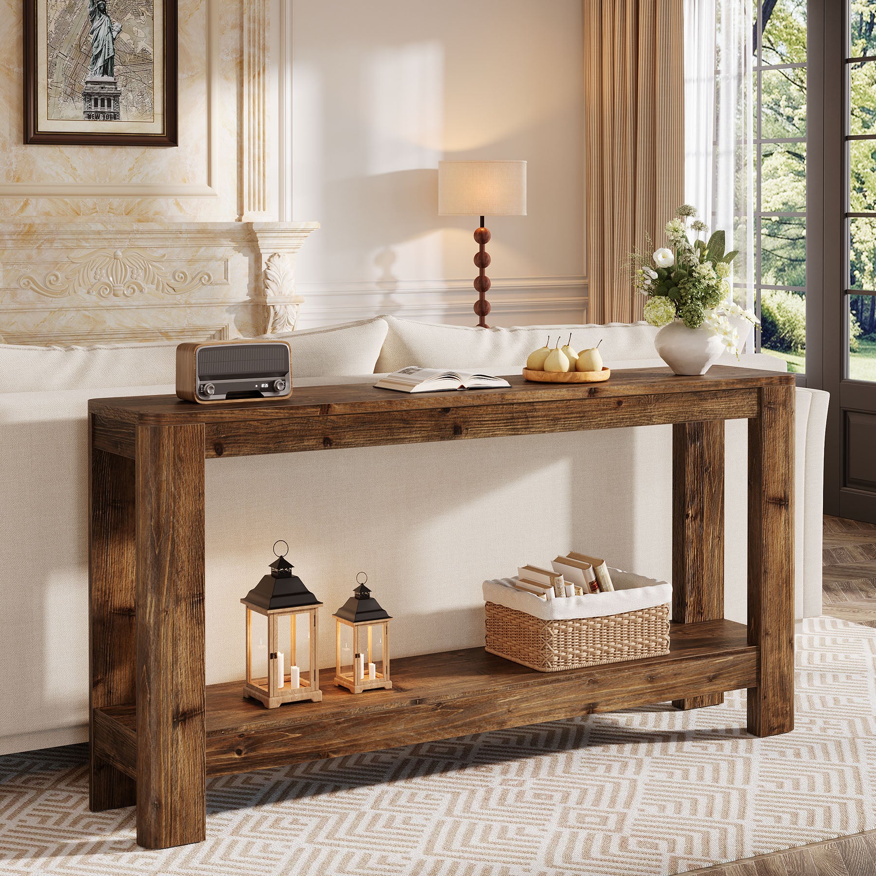 63" Console Table, Solid Wood Farmhouse Sofa Table with 2-Tier Storage - Image 8
