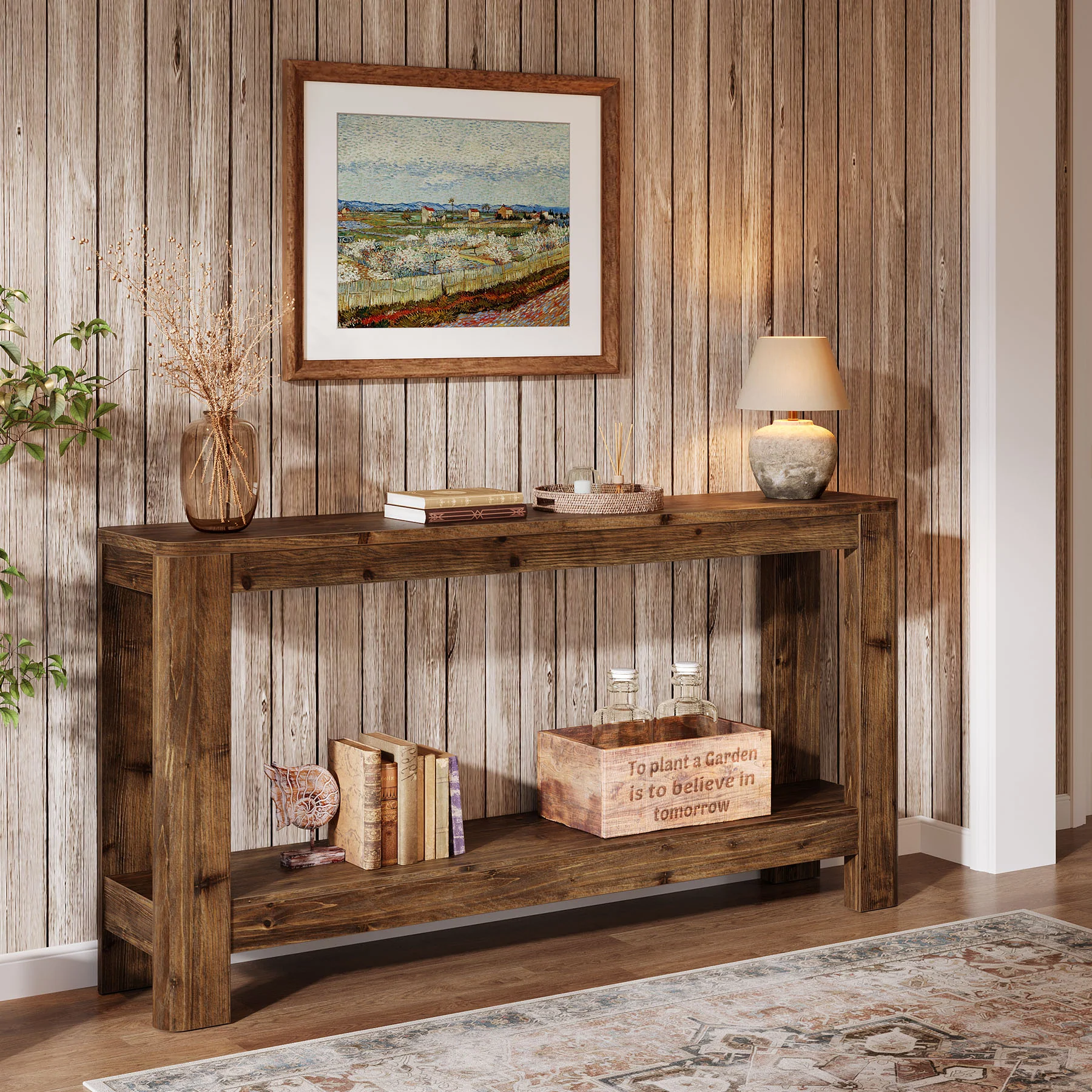 63" Console Table, Solid Wood Farmhouse Sofa Table with 2-Tier Storage - Image 9