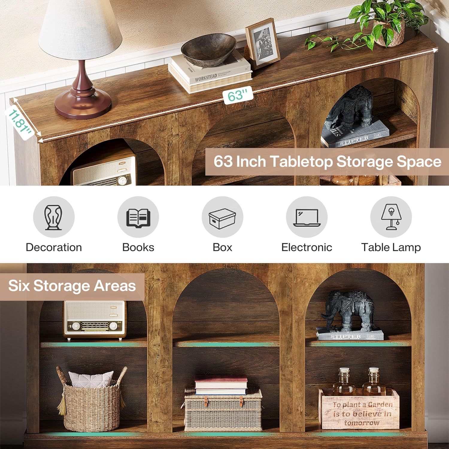 63" Farmhouse Console Table - 3-Tier Sofa Table with Storage - Image 6