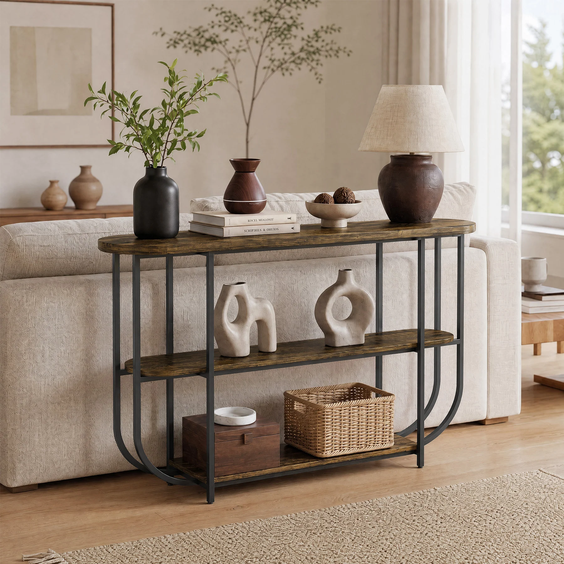 Tribesigns 63-Inch 3-Tier Narrow Console Table with Curved Metal Frame, Modern Vintage Entryway Sofa Table for Living Room - Image 9