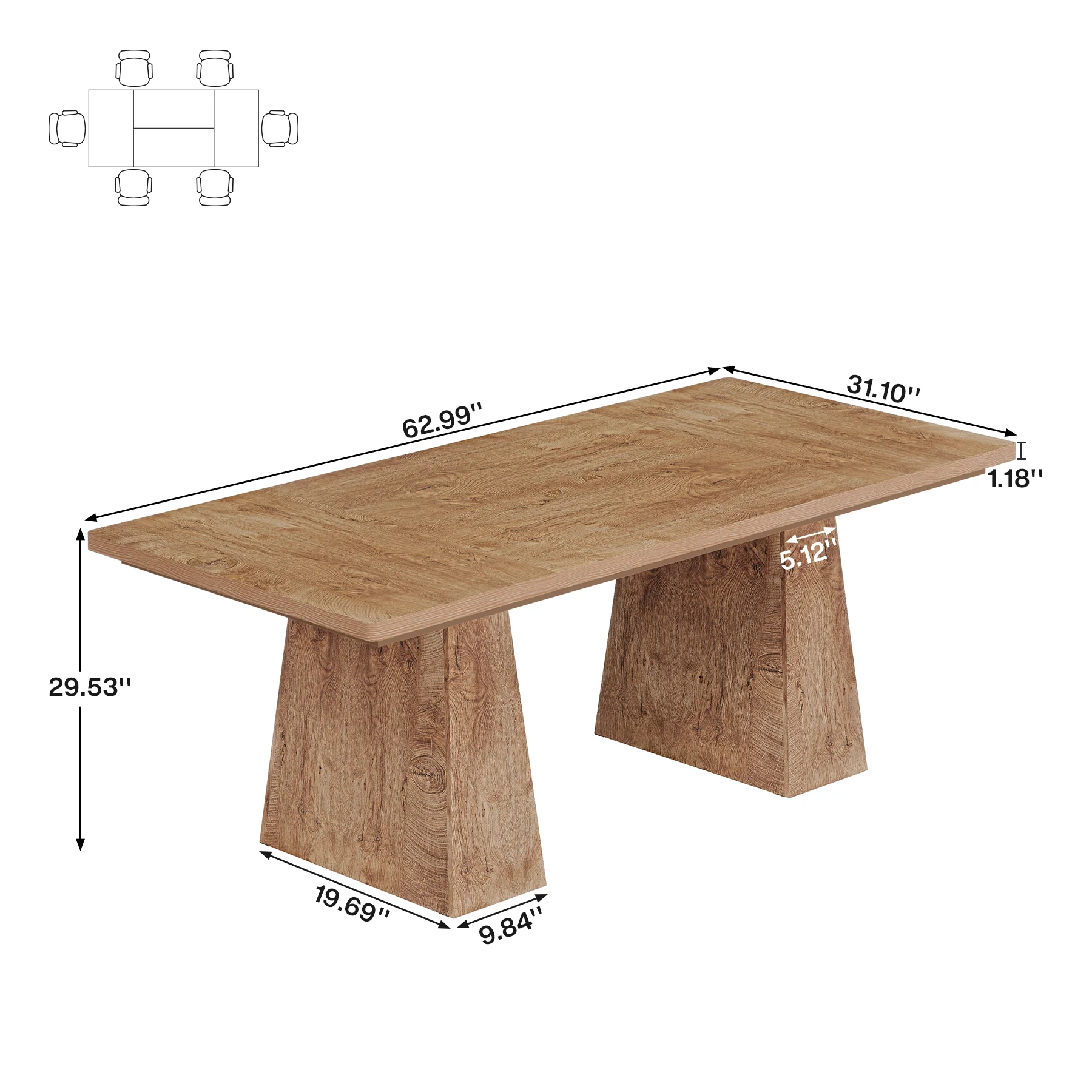 Tribesigns 63 Inch Dining Table for 6, Farmhouse Rectangular Kitchen Table with Double Pedestal for Dining Room - Image 2