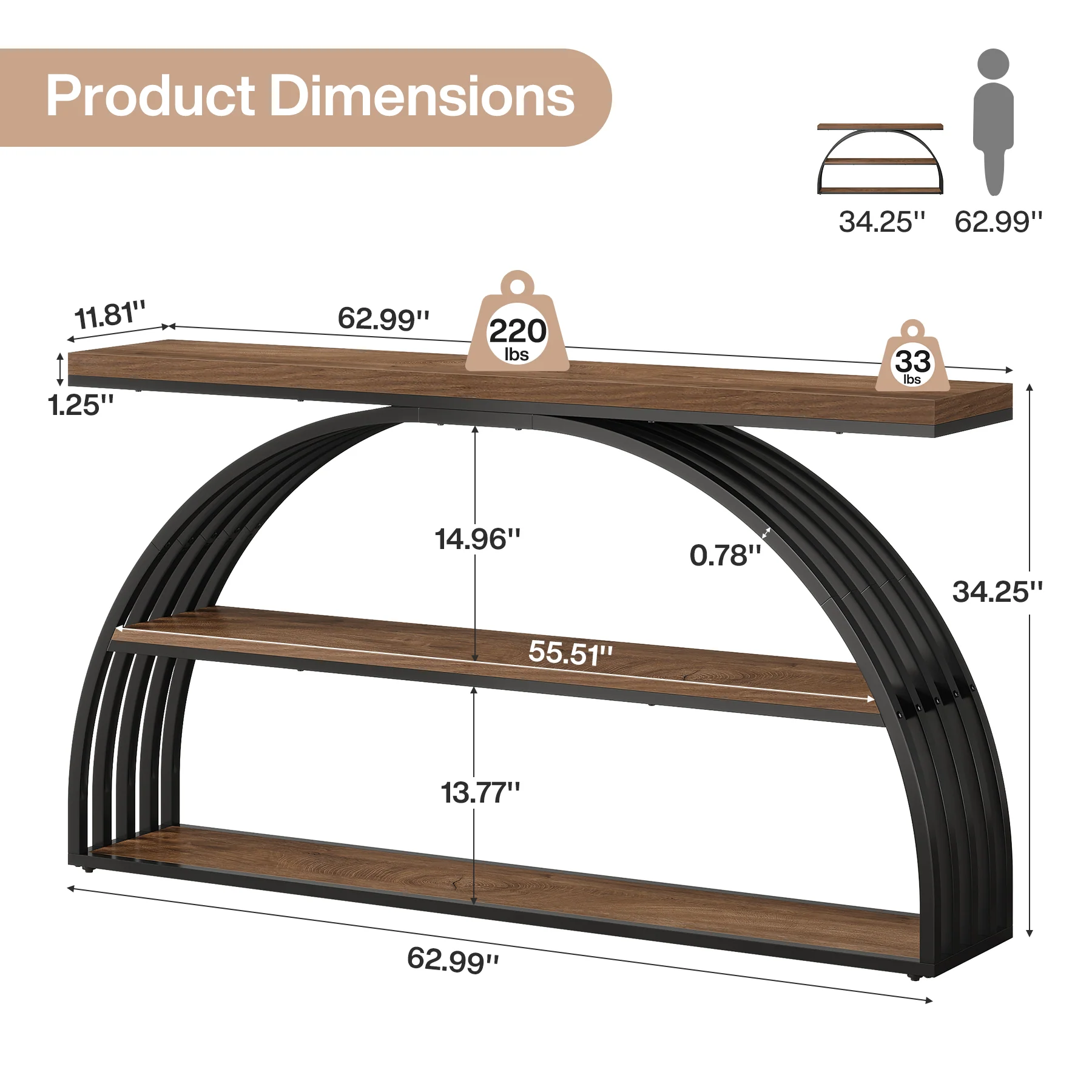 Tribesigns 63-Inch Console Table with 3-Tier Storage Shelves, Arched Frame Sofa Table for Living Room - Image 2