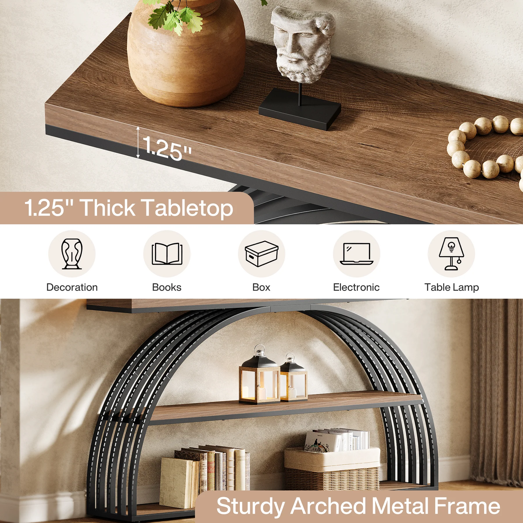 Tribesigns 63-Inch Console Table with 3-Tier Storage Shelves, Arched Frame Sofa Table for Living Room - Image 3