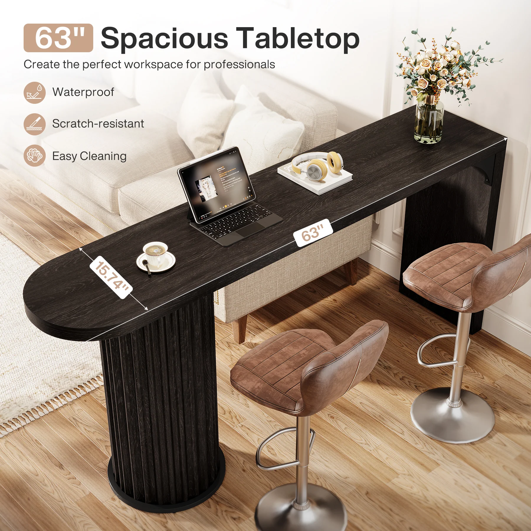 Tribesigns 63-Inch Modern Counter Height Bar Table with Fluted Round Base, Narrow High Top Table for Kitchen and Bistro - Image 3