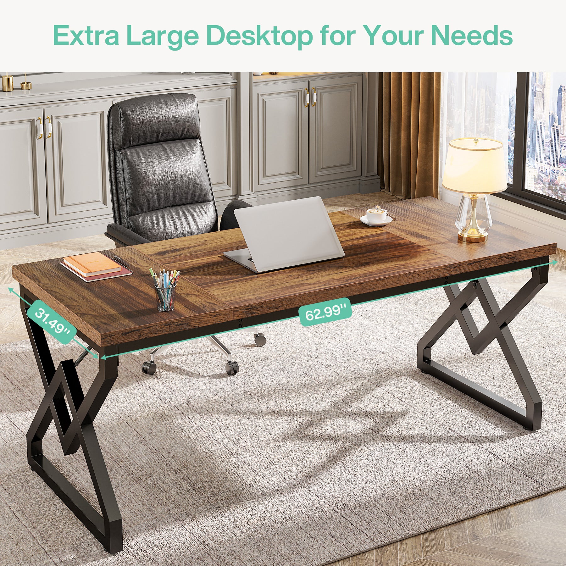 Tribesigns 63-Inch Large Office Desk, Industrial Computer Executive Desk with Extra Thick Wood-Look Top and Metal Frame for Home Office - Image 3