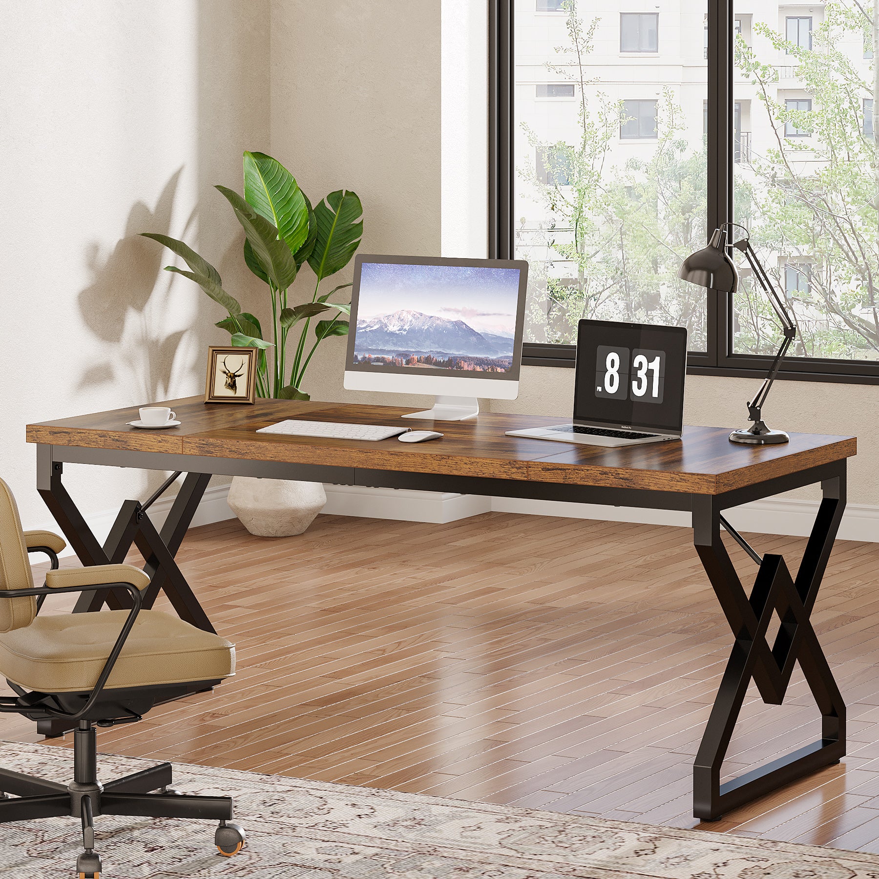Tribesigns 63-Inch Large Office Desk, Industrial Computer Executive Desk with Extra Thick Wood-Look Top and Metal Frame for Home Office - Image 5
