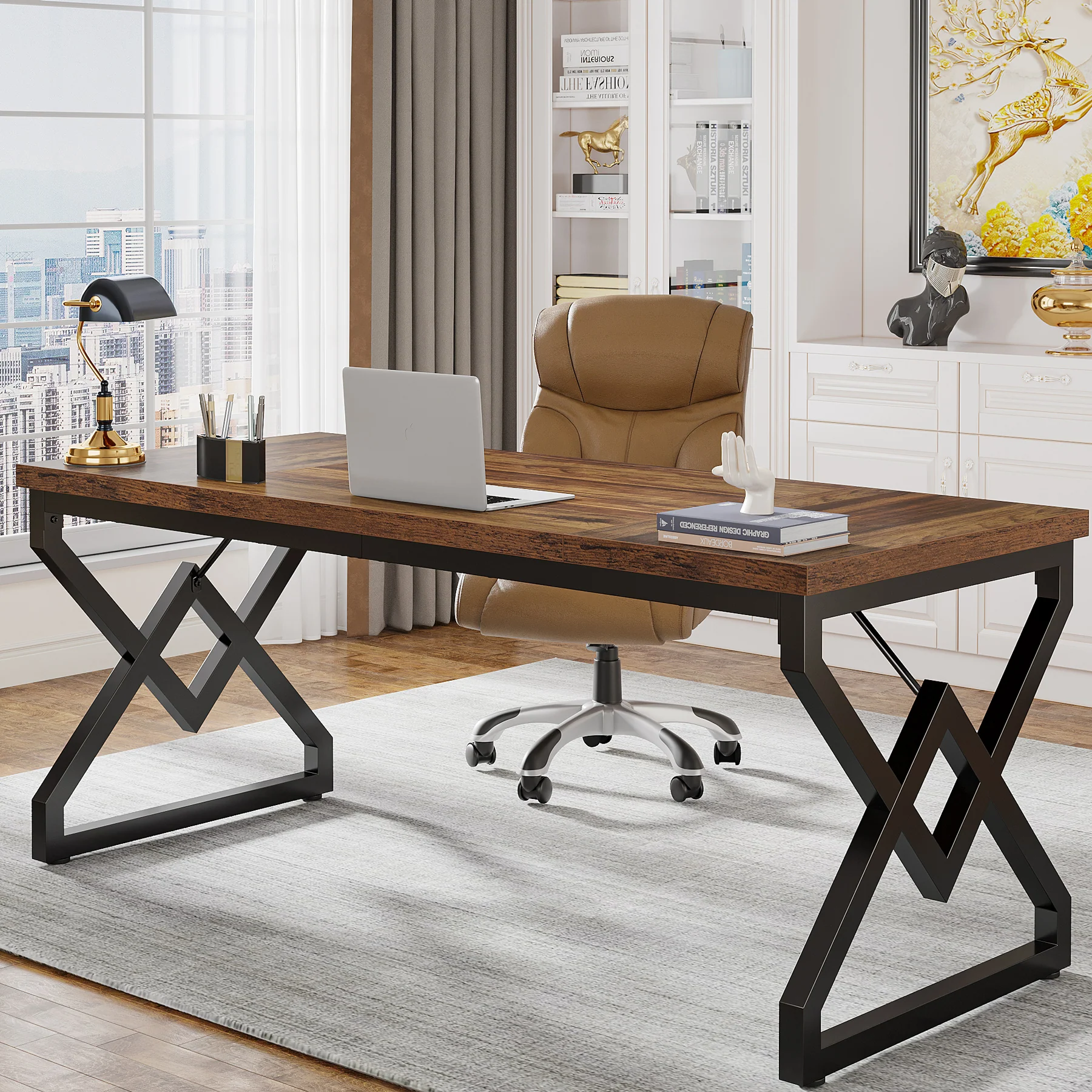 Tribesigns 63-Inch Large Office Desk, Industrial Computer Executive Desk with Extra Thick Wood-Look Top and Metal Frame for Home Office - Image 7