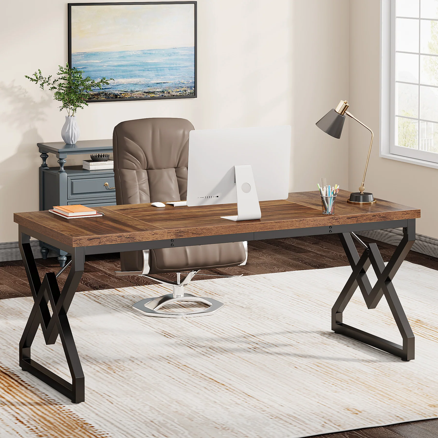 Tribesigns 63-Inch Large Office Desk, Industrial Computer Executive Desk with Extra Thick Wood-Look Top and Metal Frame for Home Office - Image 8