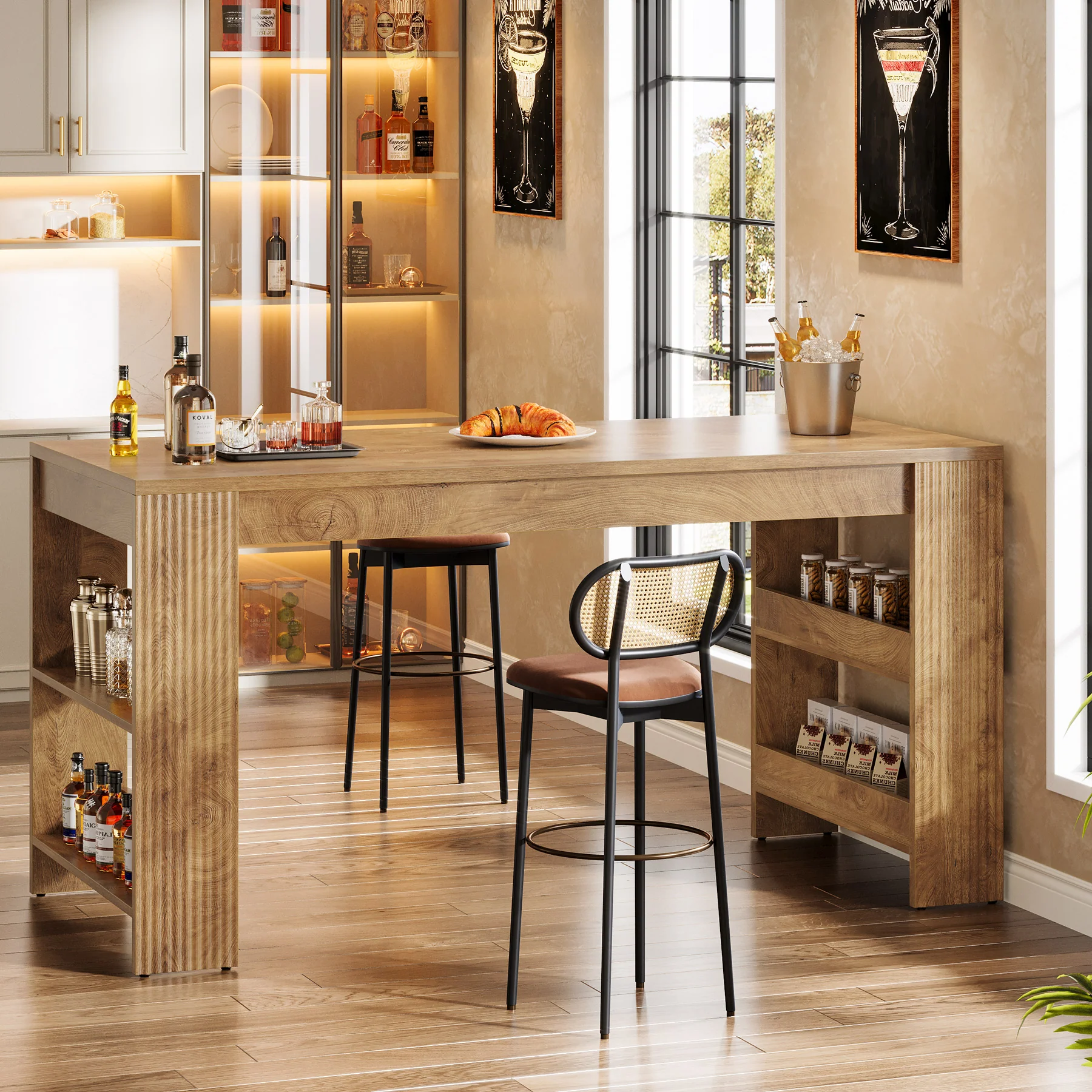 63 Inch Farmhouse Bar Table with Storage Shelves, Counter Height Pub Table for Kitchen - Image 6