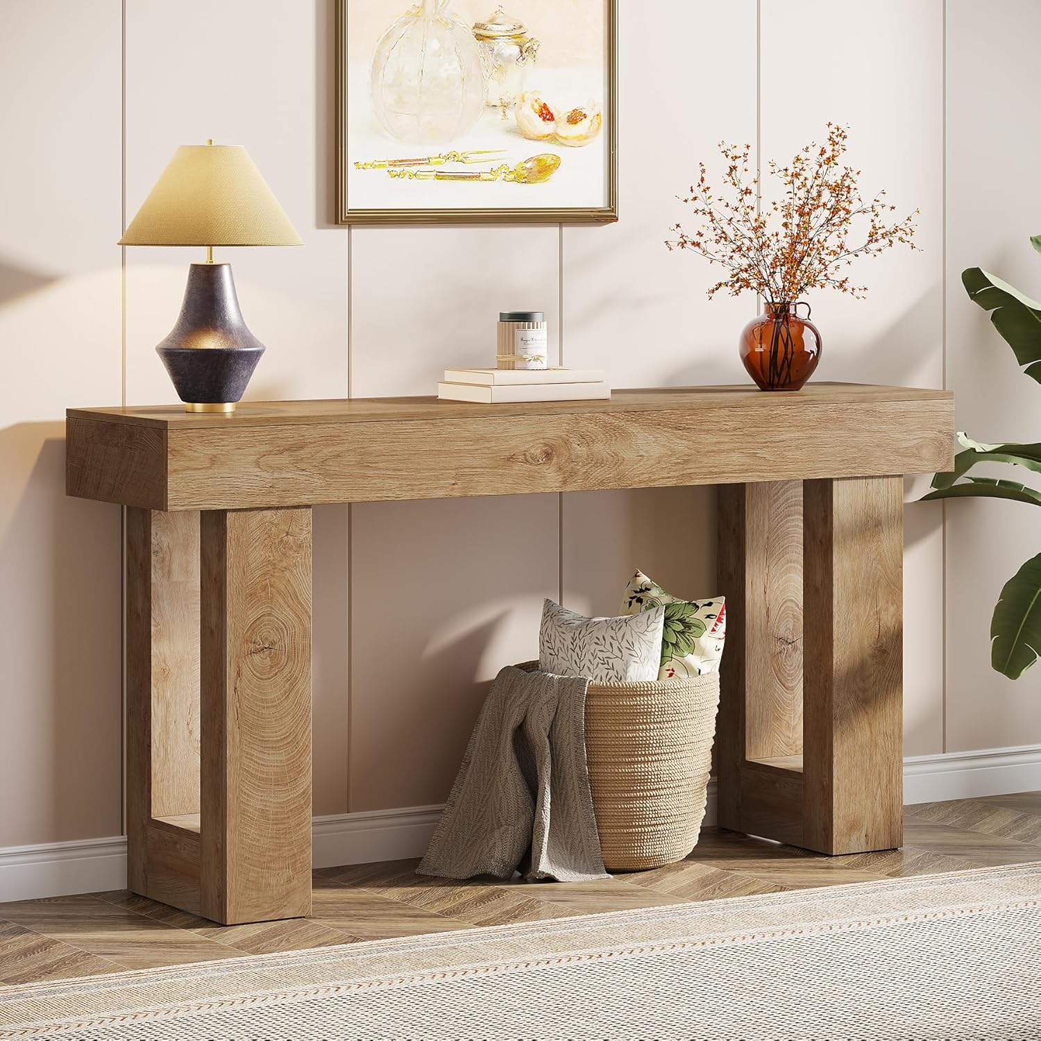 63" Farmhouse Console Table with Durable Wood-Look Design for Entryway and Living Room