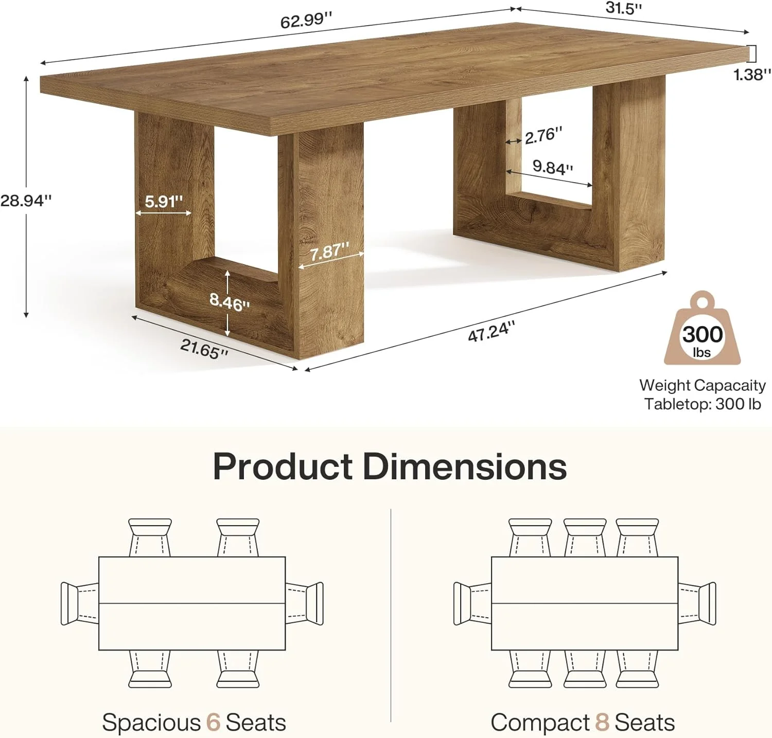 Tribesigns 63-Inch Farmhouse Dining Table for 4-6 People, Rectangular Kitchen Table with Heavy Duty Legs for Dining Room - Image 2