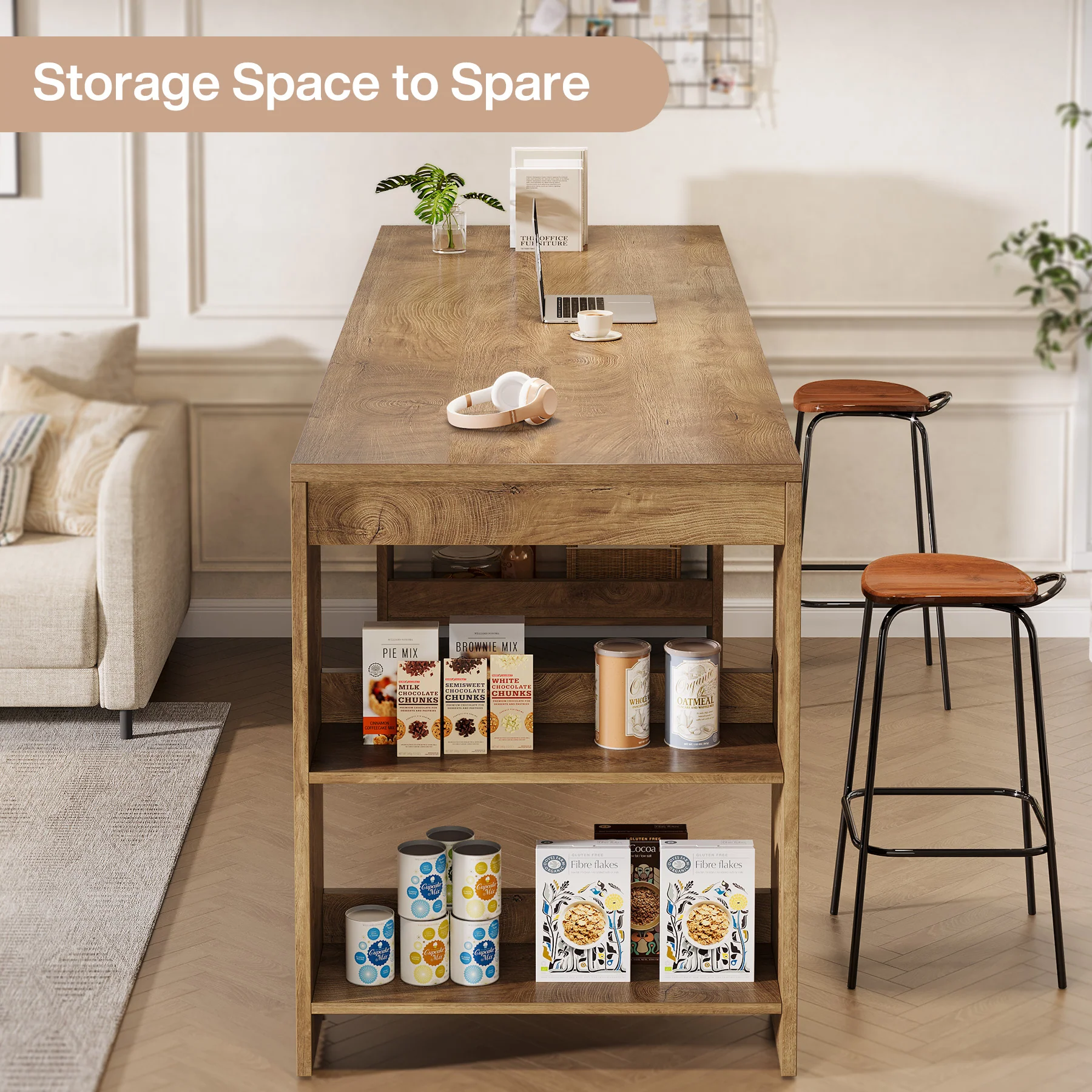 Tribesigns 63 Inch Farmhouse Kitchen Island with Double-Sided Storage Shelves - Image 8