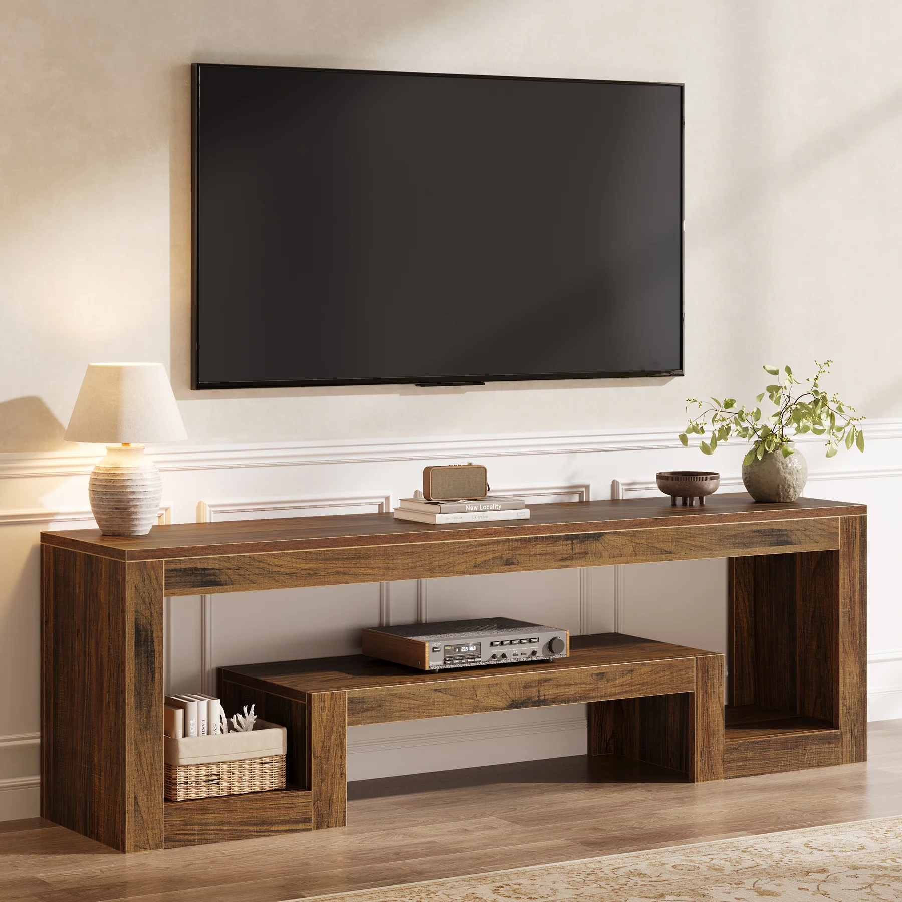 Tribesigns 63-Inch TV Stand, Farmhouse Entertainment Center with Open Storage Shelves for Living Room