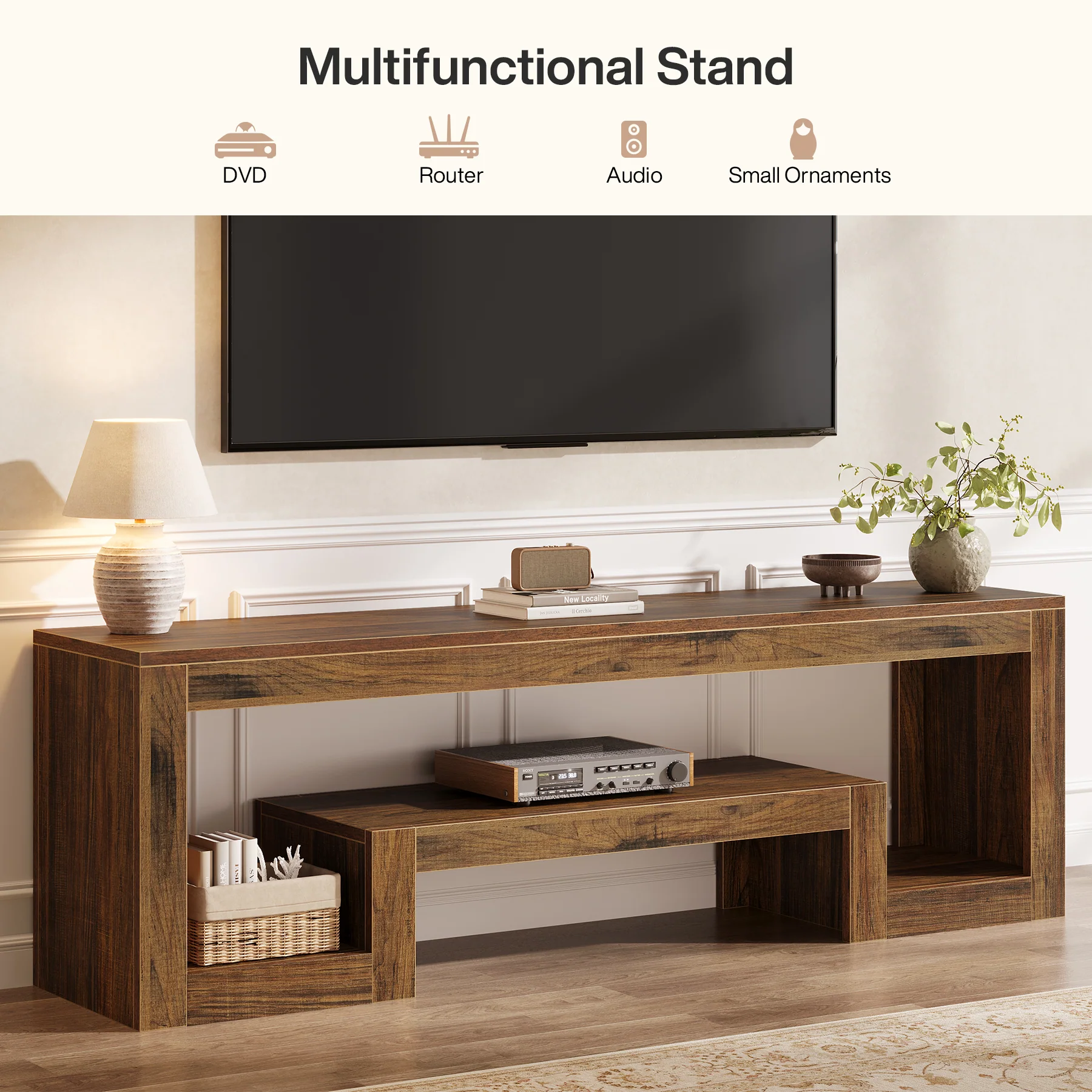 Tribesigns 63-Inch TV Stand, Farmhouse Entertainment Center with Open Storage Shelves for Living Room - Image 3