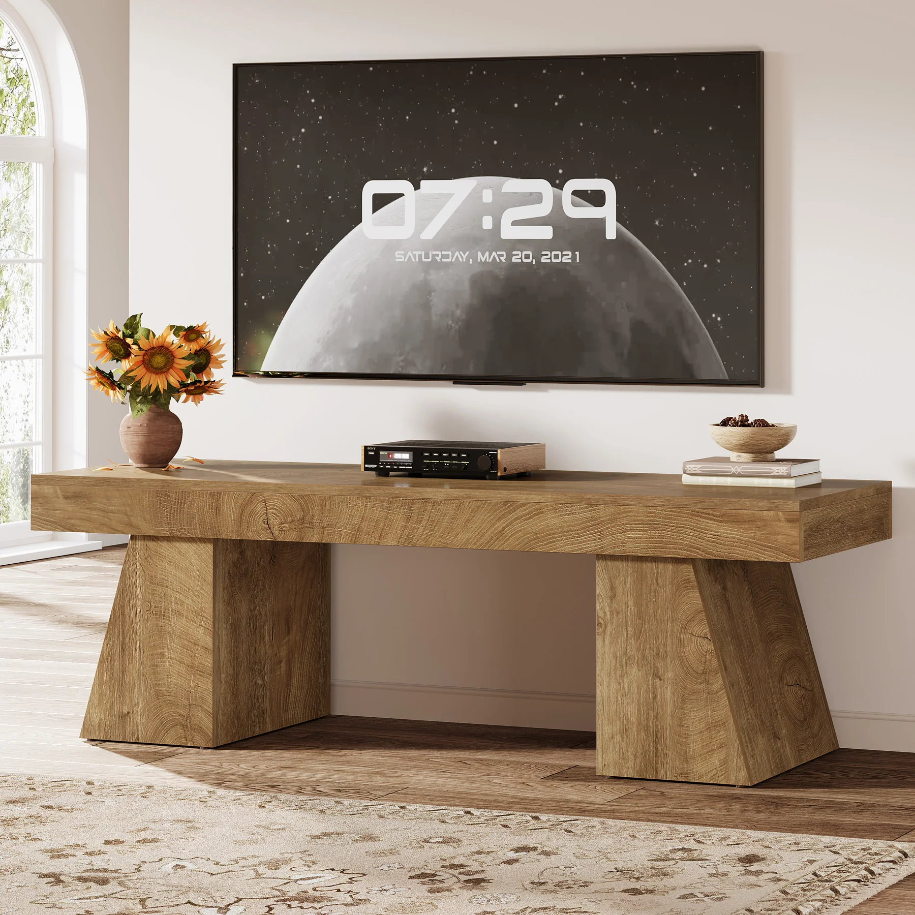 Tribesigns 63-Inch Farmhouse TV Stand for 55-75 Inch TVs with Double Geometric Pedestal, Media Console for Living Room and Bedroom
