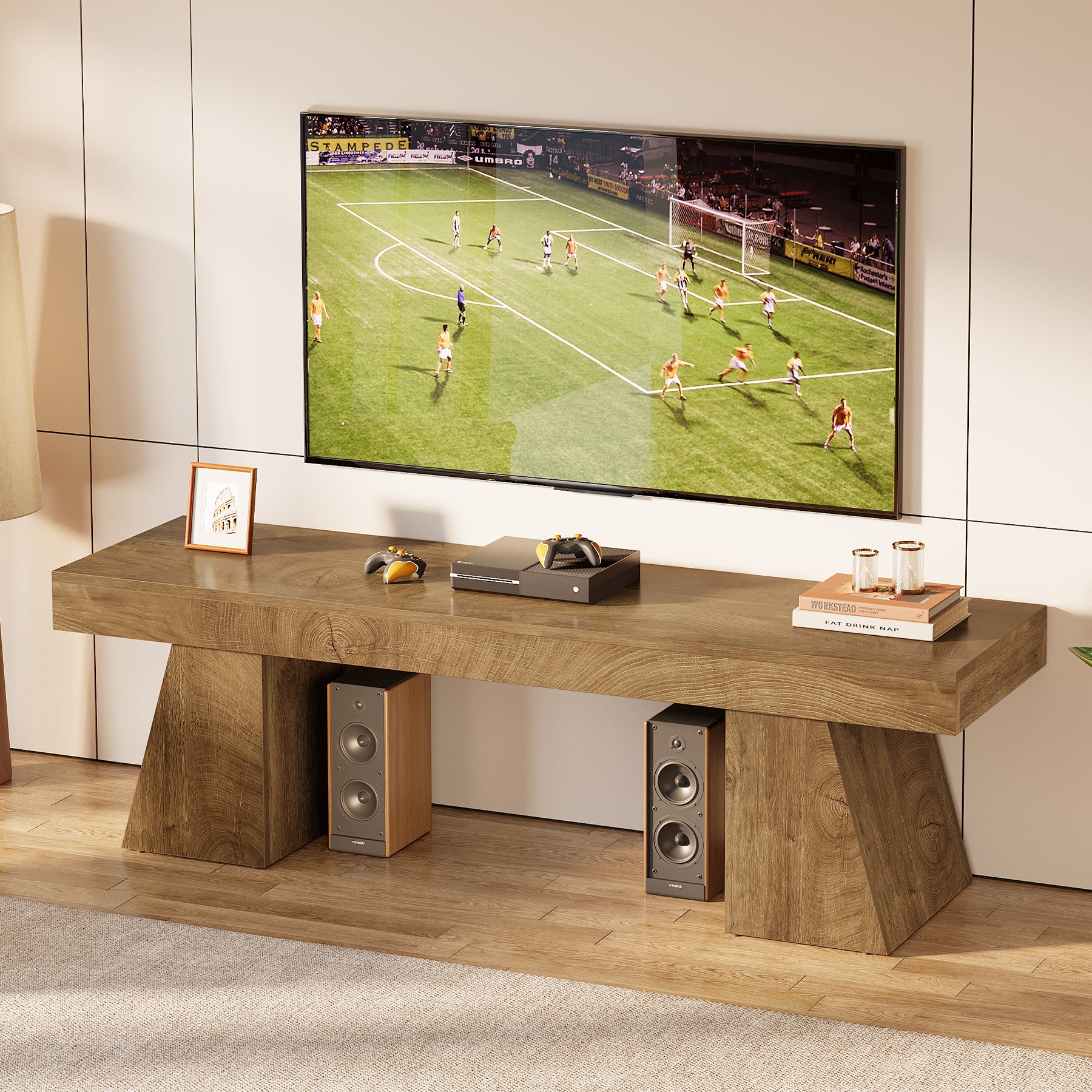 Tribesigns 63-Inch Farmhouse TV Stand for 55-75 Inch TVs with Double Geometric Pedestal, Media Console for Living Room and Bedroom - Image 8