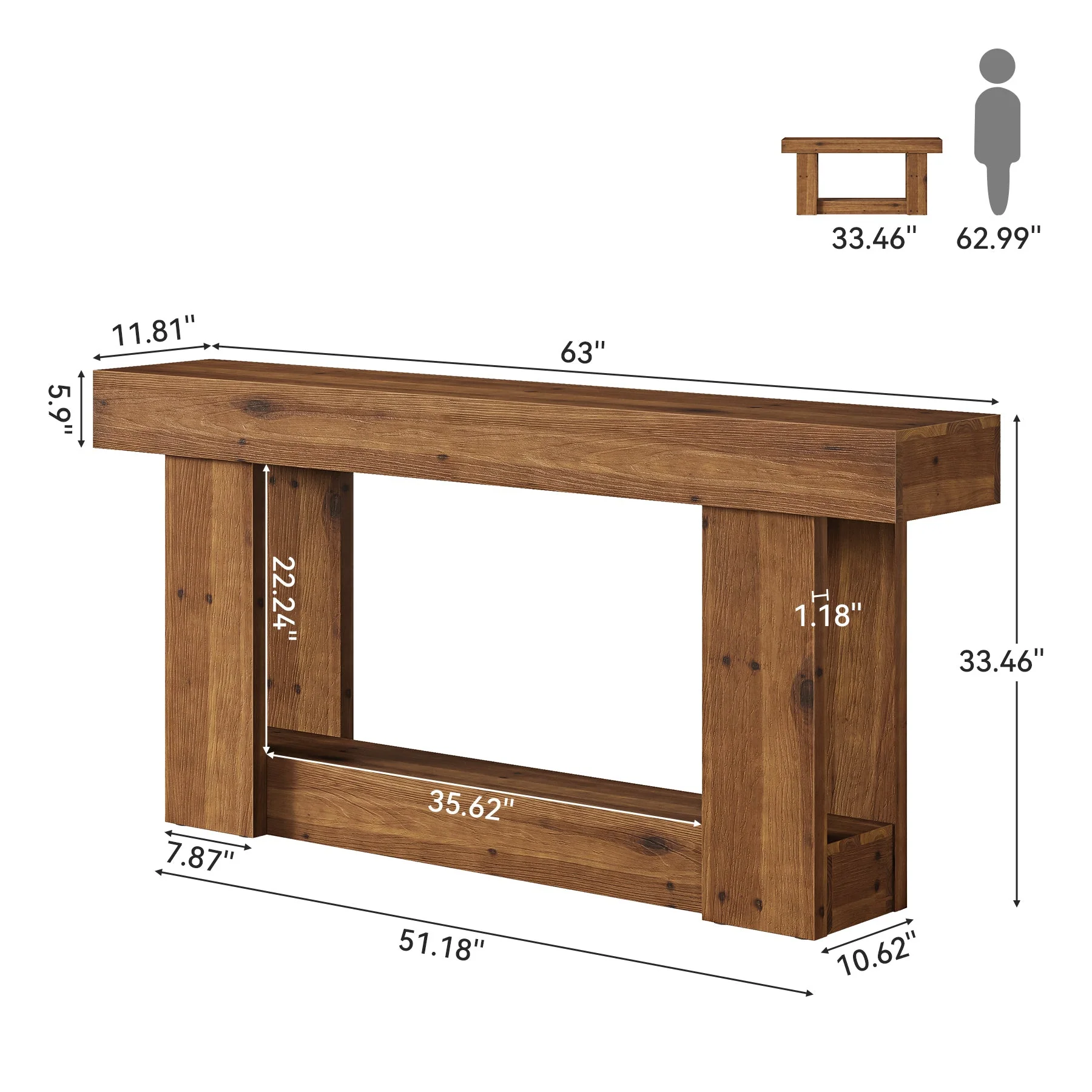 63-Inch Farmhouse U-Base Console Table, 2-Tier Narrow Sofa Table in Rustic Brown - Image 2