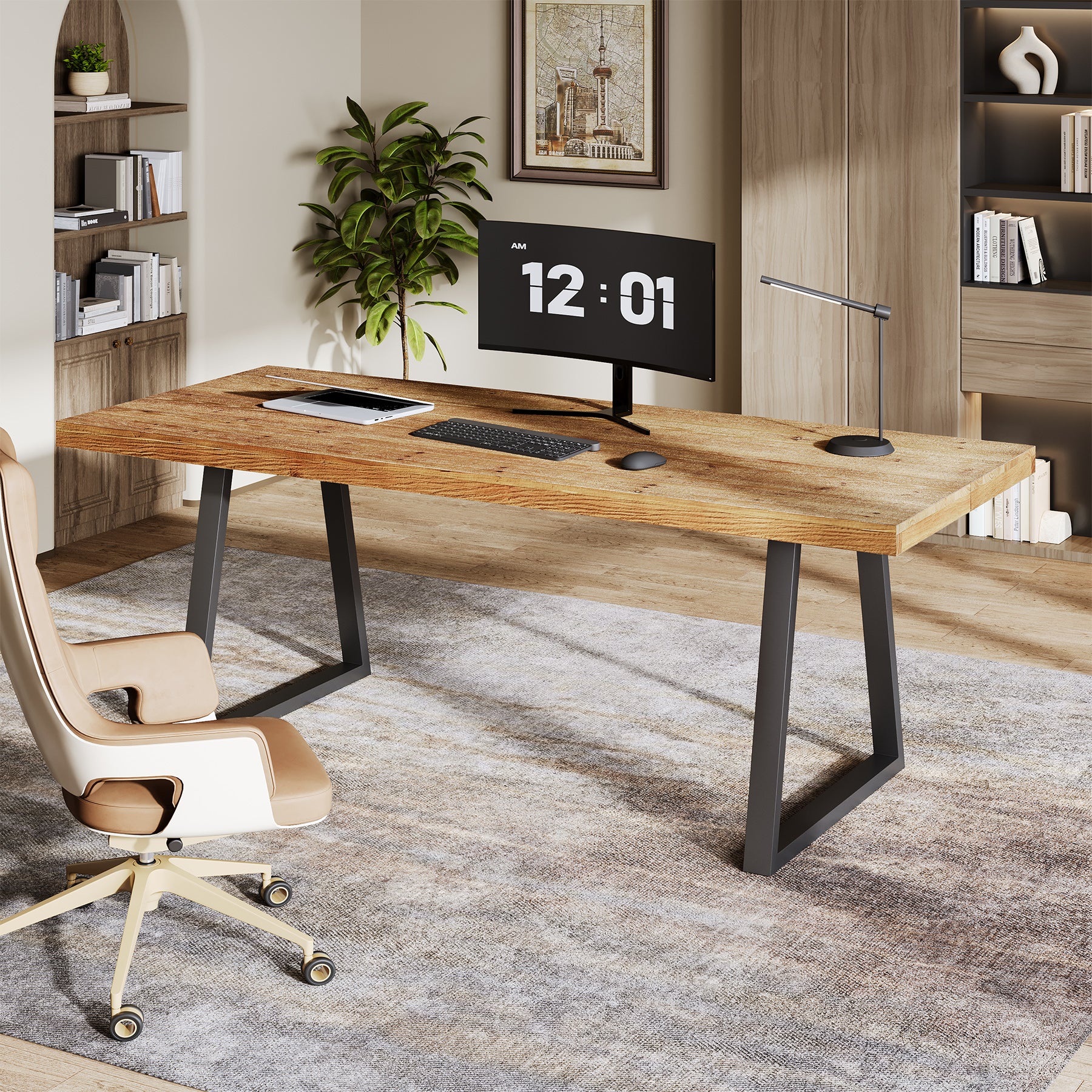 Tribesigns 63-Inch Industrial Executive Desk with Solid Wood Panels and Metal Legs, Computer Writing Desk for Home Office Study and Small Conference Room - Image 6