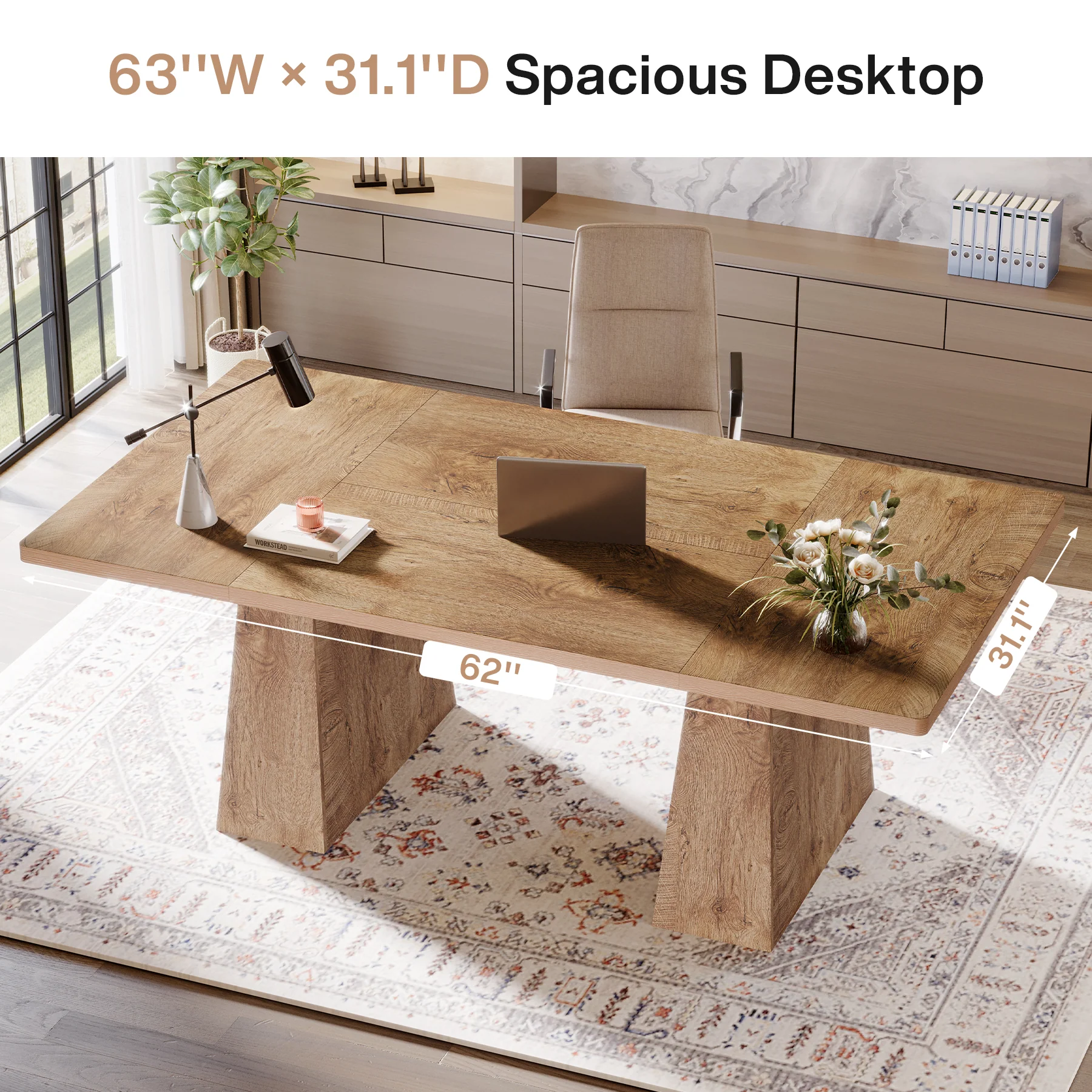 Tribesigns 63 Inch Executive Desk, Large Office Computer Desk with Double Pedestal for Home Office Conference Room - Image 3