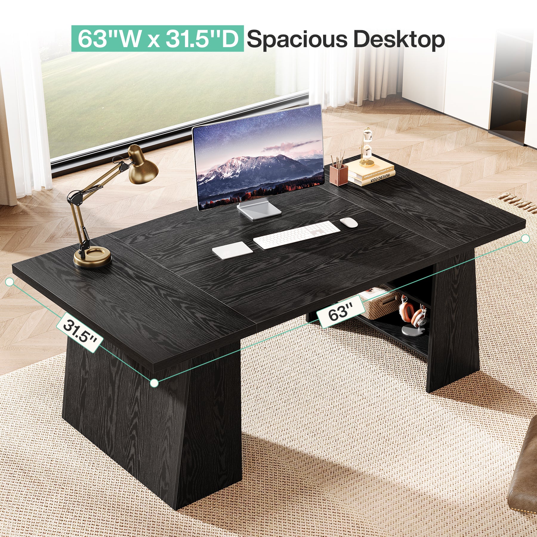 Tribesigns 63-Inch Modern Executive Desk with Storage Shelves, Black Office Desk for Home Office and Business Workstation - Image 3