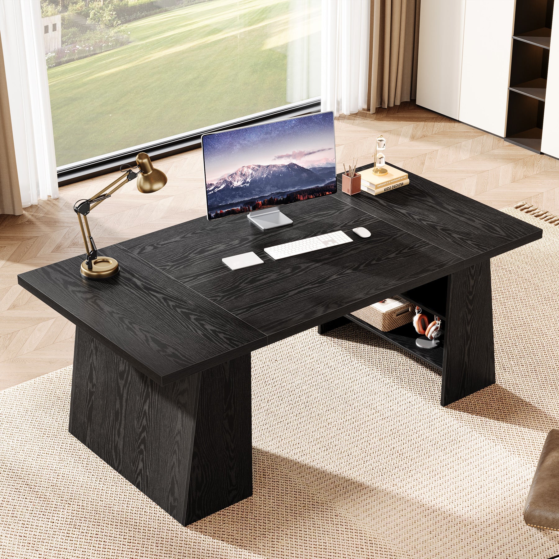 Tribesigns 63-Inch Modern Executive Desk with Storage Shelves, Black Office Desk for Home Office and Business Workstation - Image 5